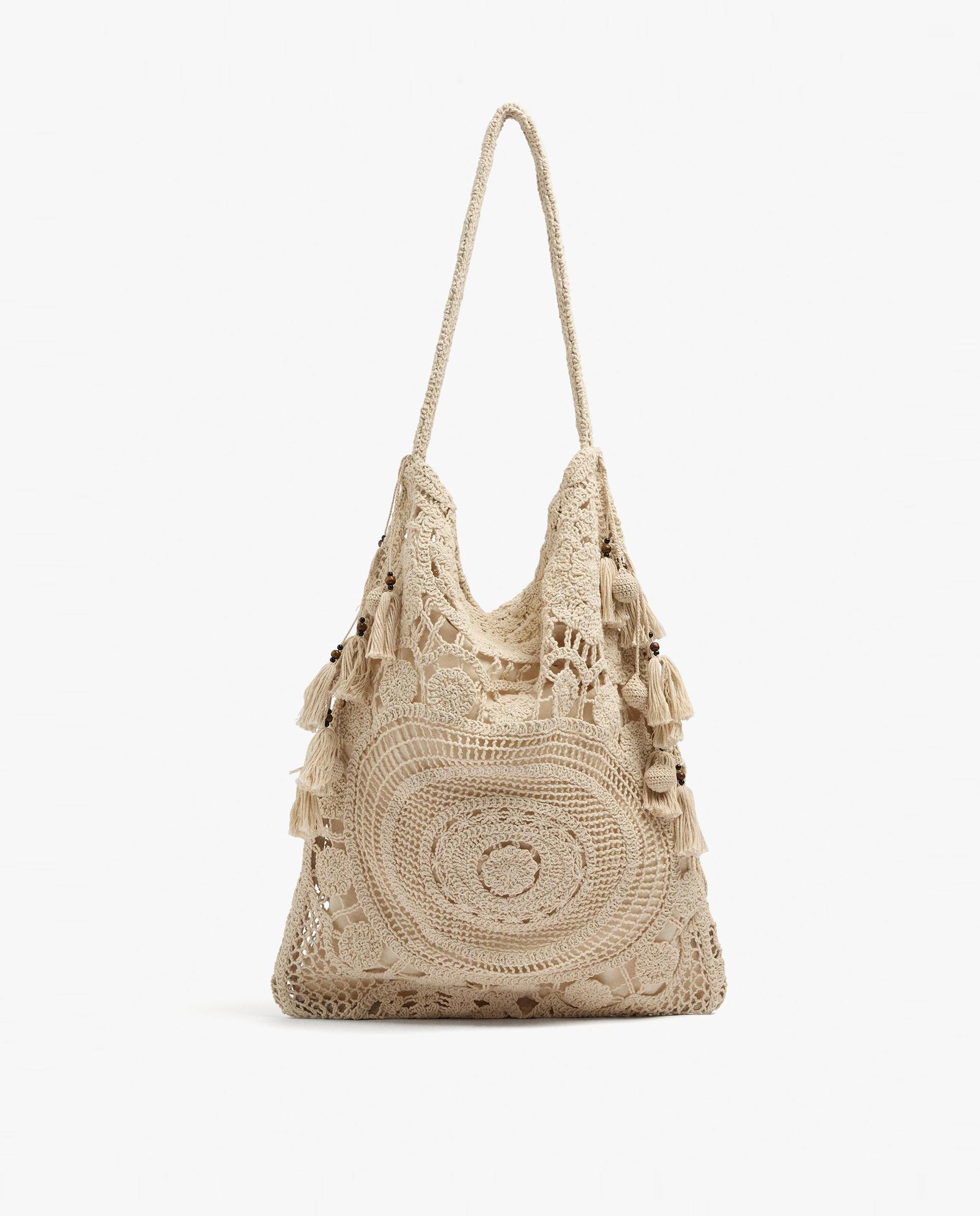 Bolso de hombro 100% algodón de crochet con cierre de cuerda en liso - Parfois - Crudo Crudo-1