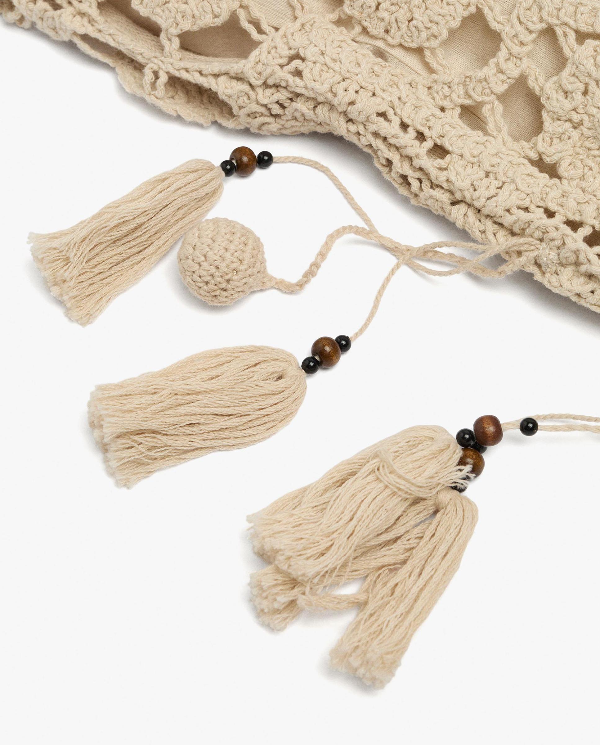 Bolso de hombro 100% algodón de crochet con cierre de cuerda en liso - Parfois - Crudo Crudo-3