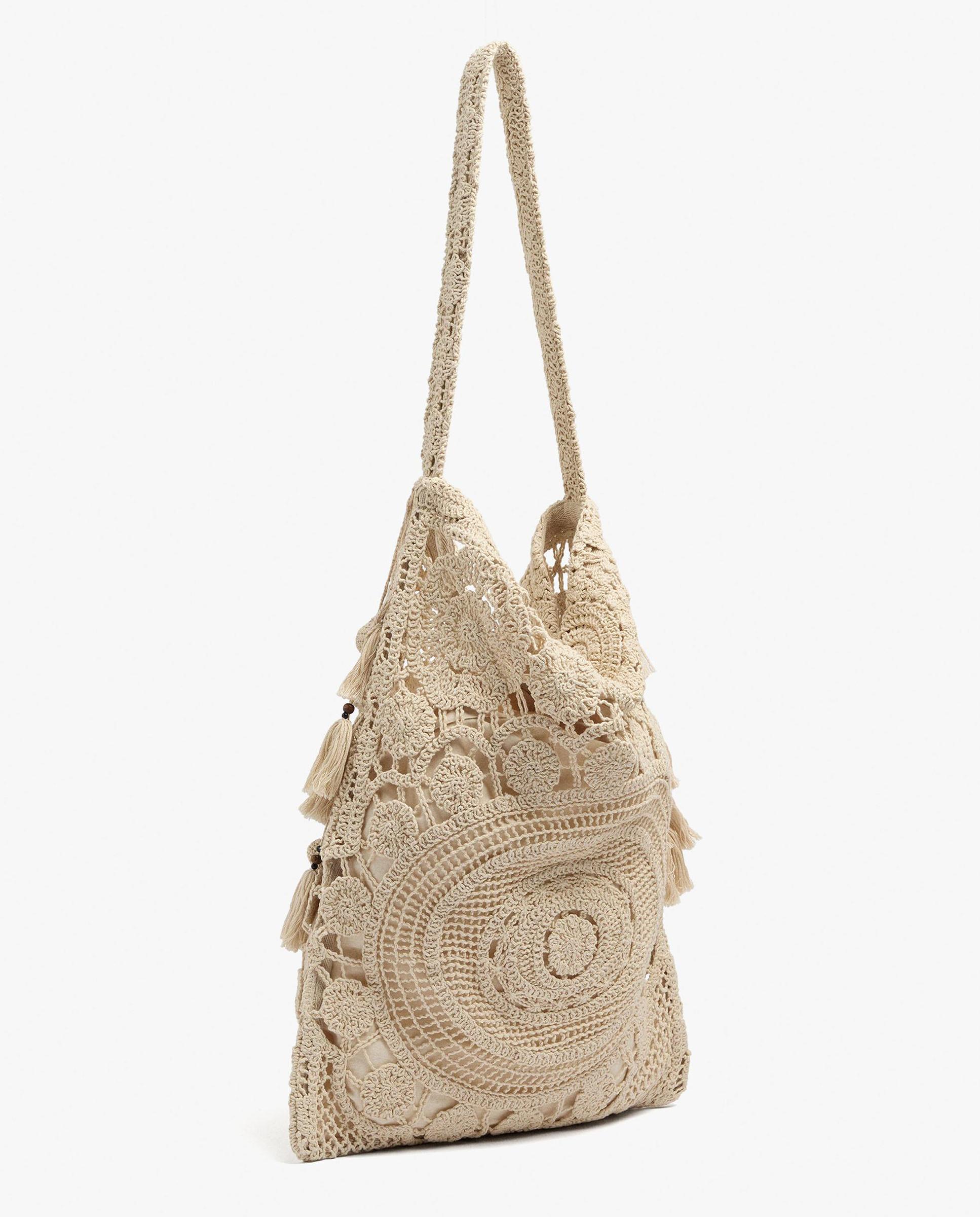 Bolso de hombro 100% algodón de crochet con cierre de cuerda en liso - Parfois - Crudo Crudo-2