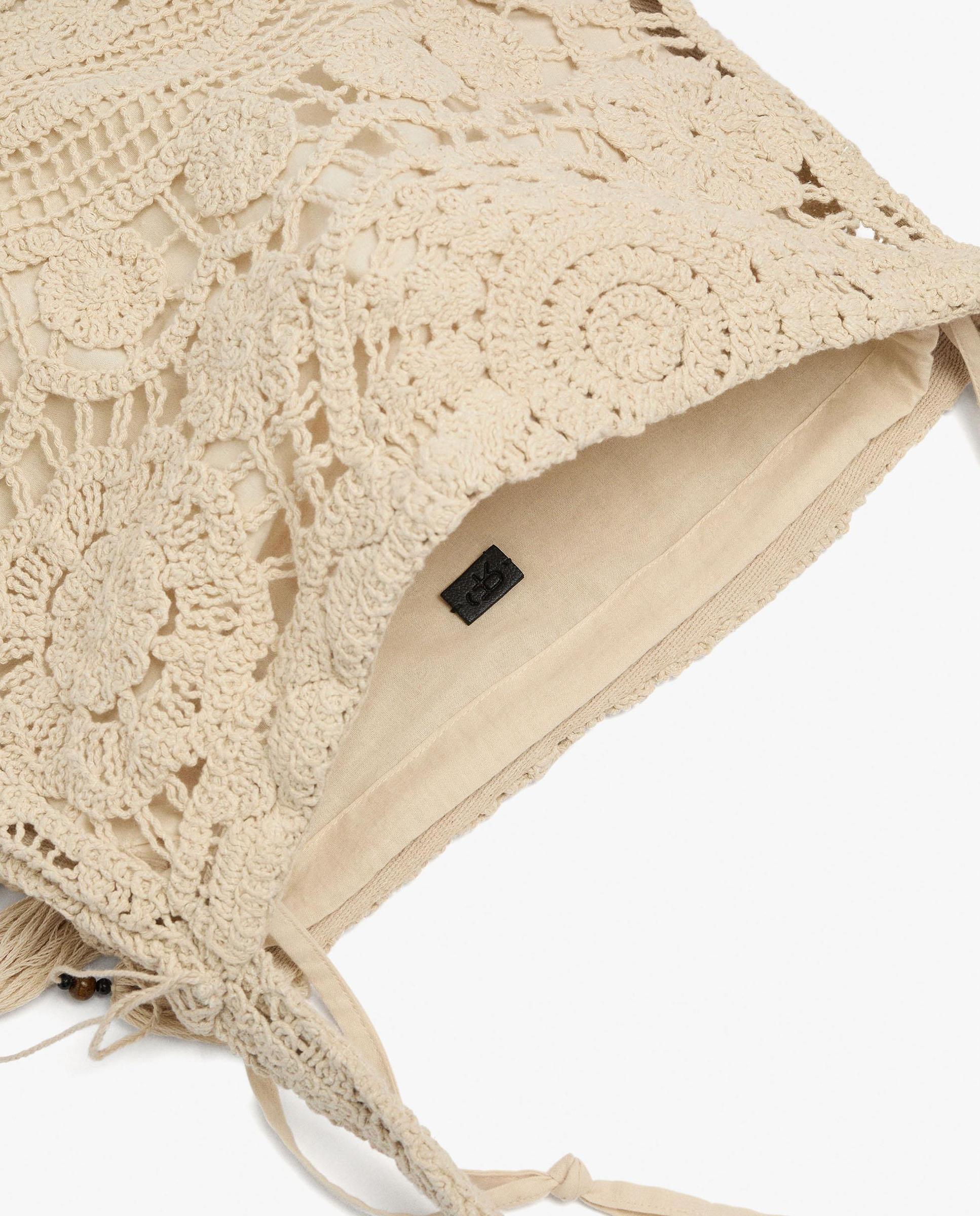 Bolso de hombro 100% algodón de crochet con cierre de cuerda en liso - Parfois - Crudo Crudo-4