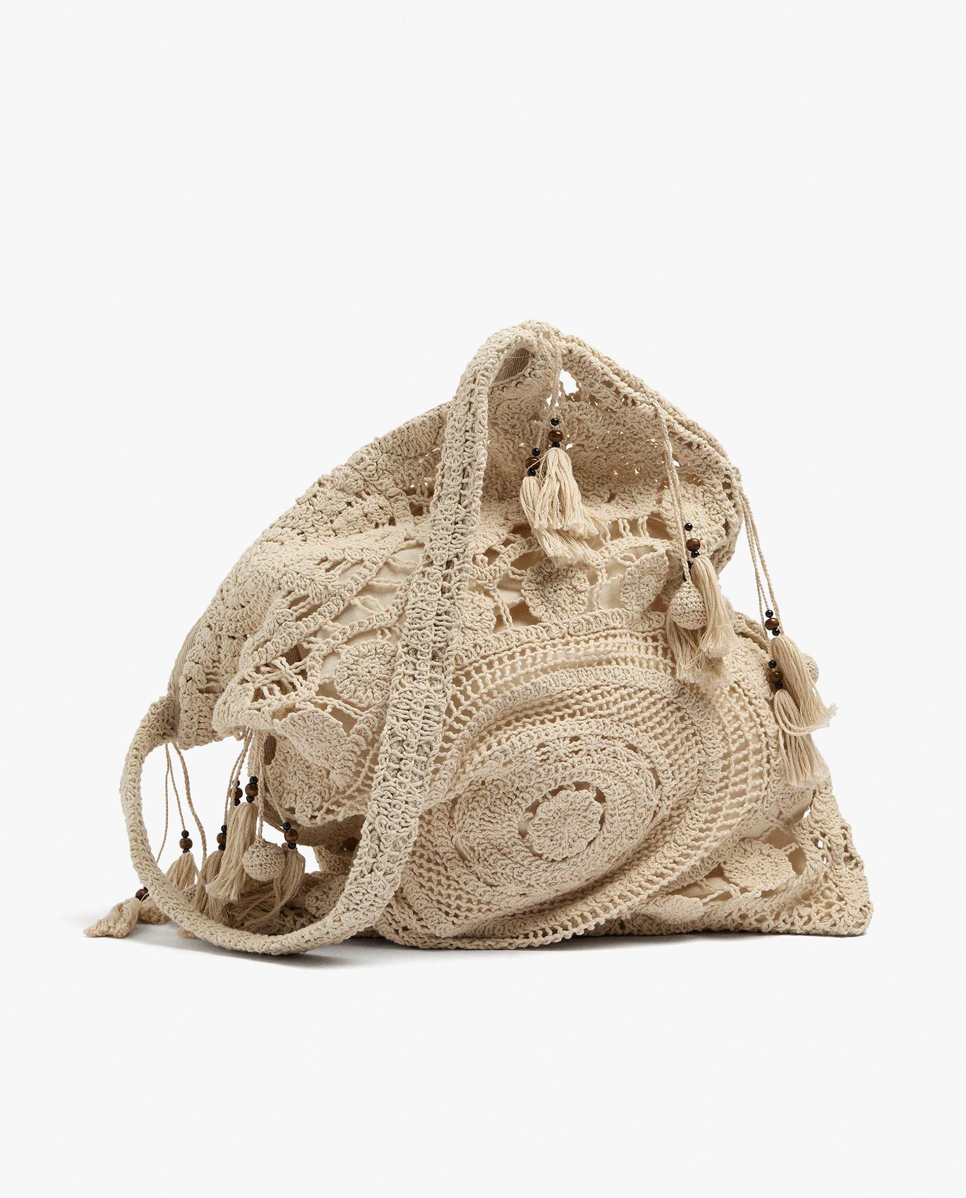Bolso de hombro 100% algodón de crochet con cierre de cuerda en liso - Parfois - Crudo Crudo-5