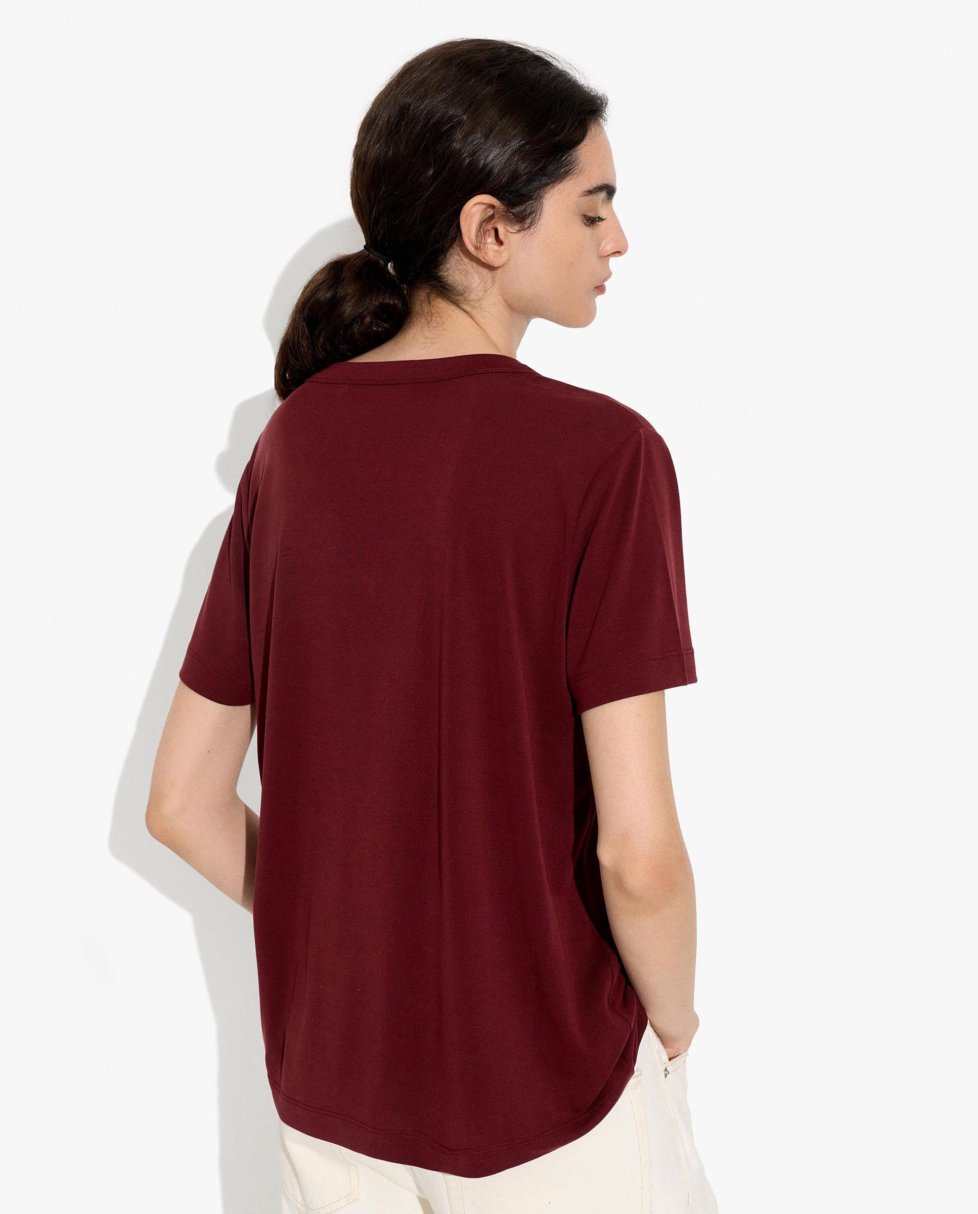 Camiseta de mujer de manga corta con cuello pico en liso - Parfois - Burdeos Burdeos-3