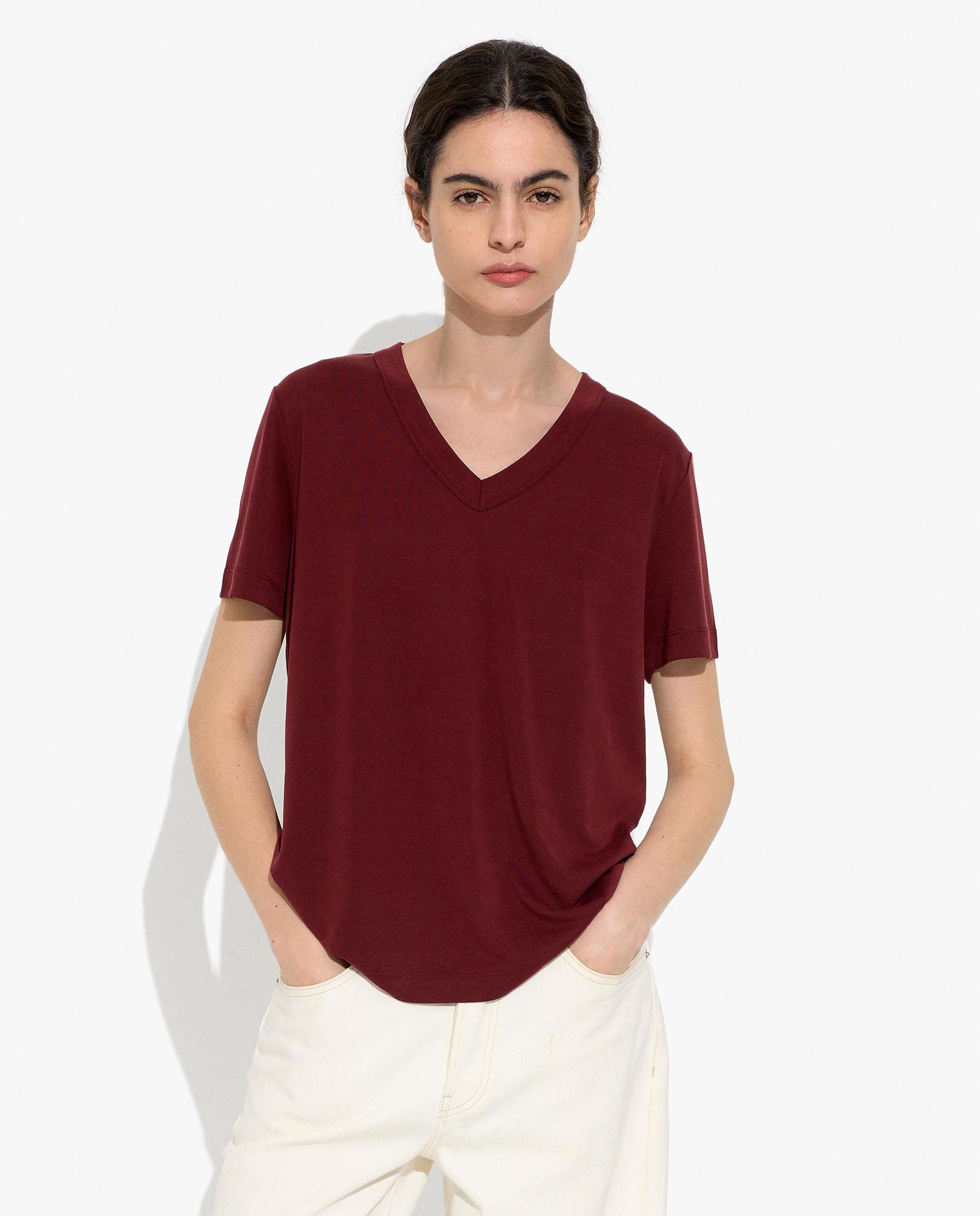 Camiseta de mujer de manga corta con cuello pico en liso - Parfois - Burdeos Burdeos-4