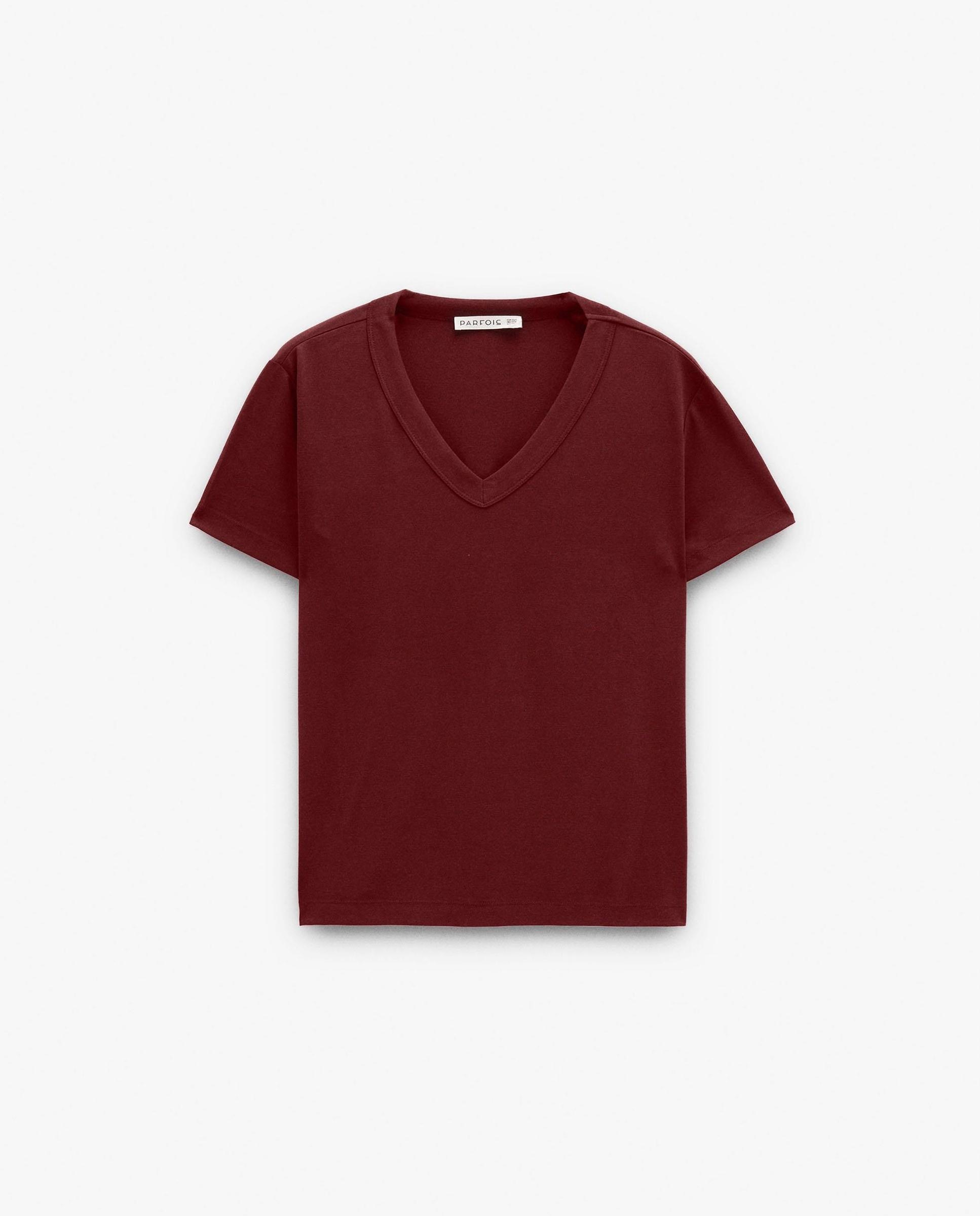 Camiseta de mujer de manga corta con cuello pico en liso - Parfois - Burdeos Burdeos-6