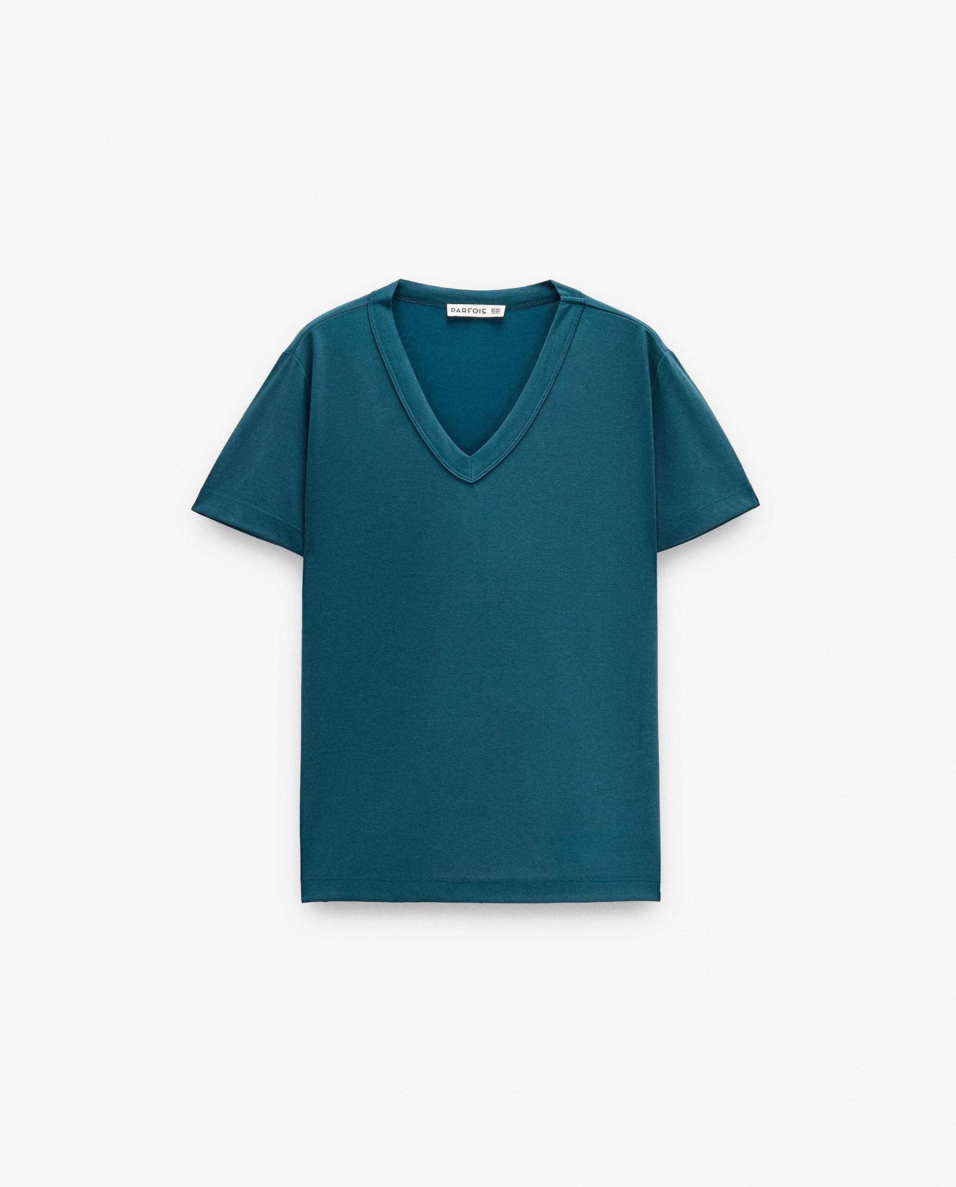 Camiseta de mujer de manga corta con cuello pico - Parfois - Azul Azul-6