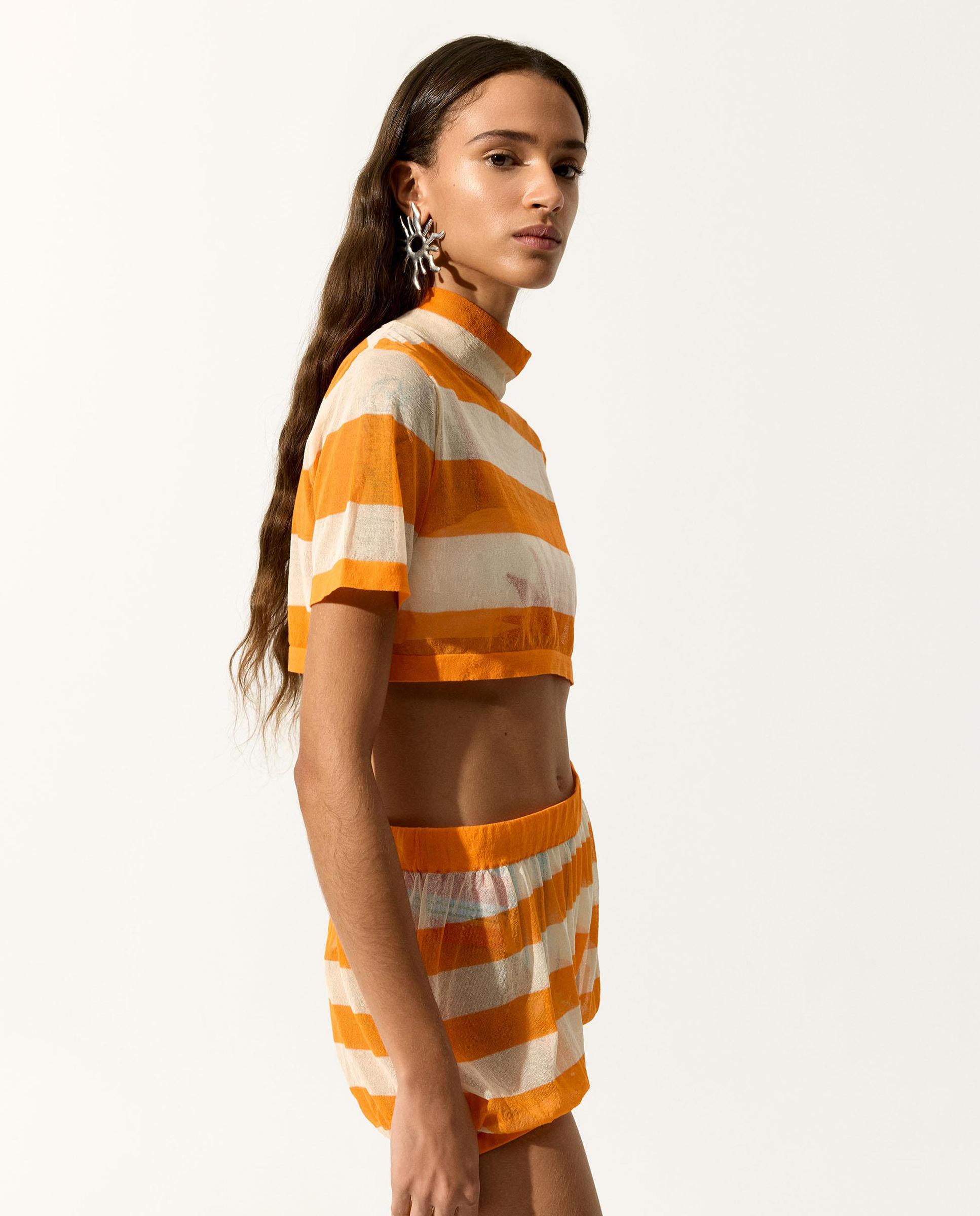 Top de mujer cropped de manga corta con estampado de rayas - Parfois - Naranja Naranja-3