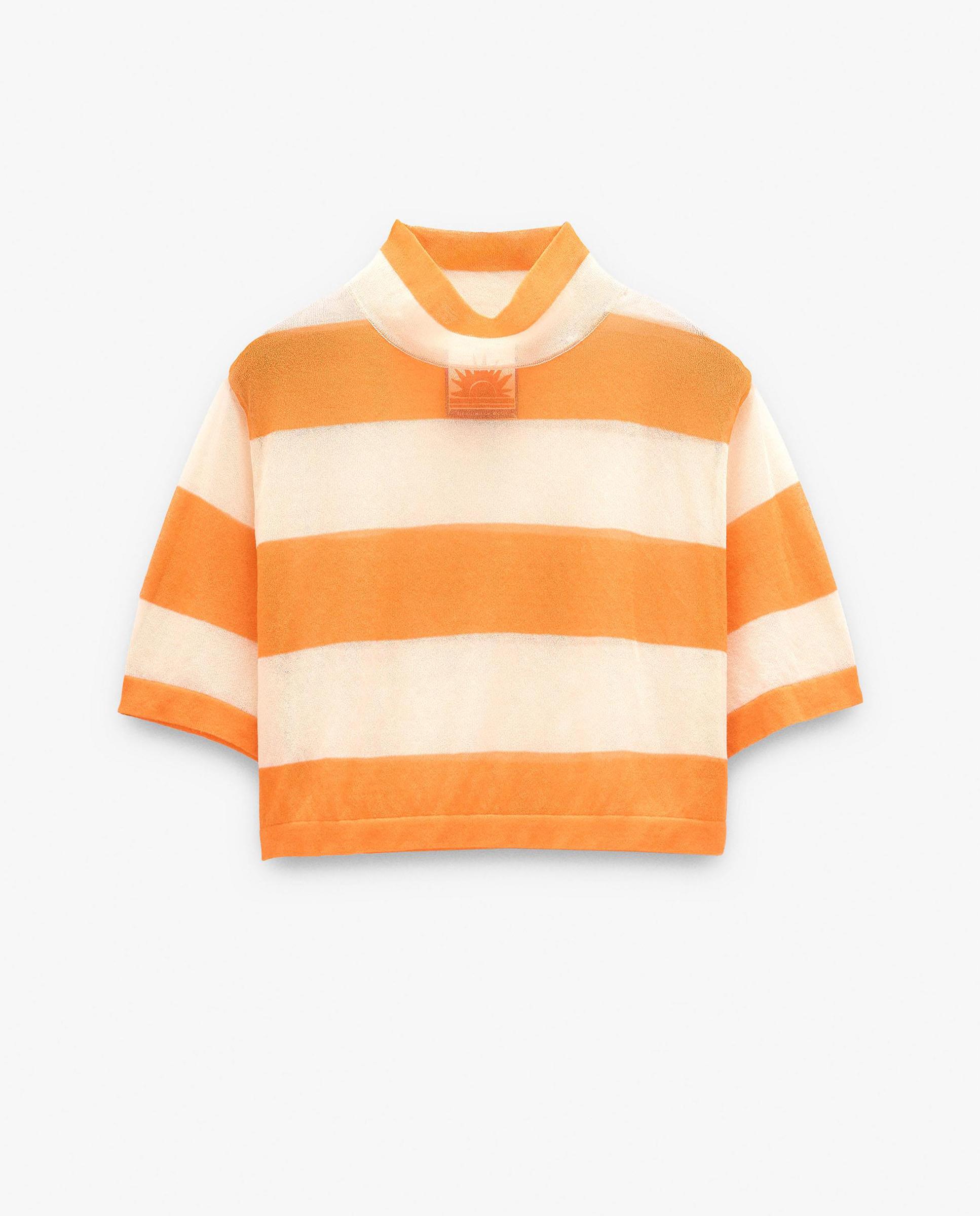 Top de mujer cropped de manga corta con estampado de rayas - Parfois - Naranja Naranja-7