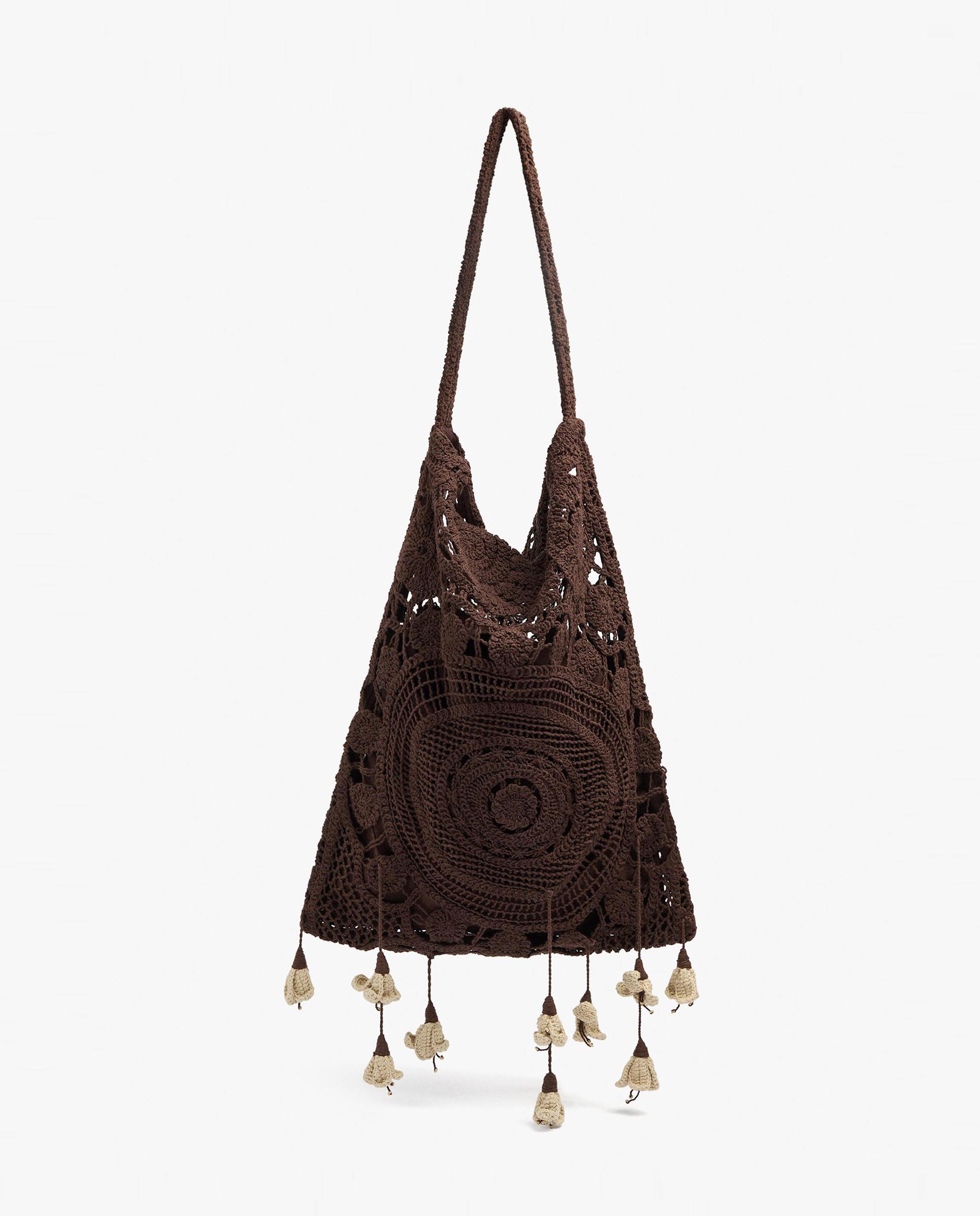 Bolso de hombro 100% algodón de crochet con borlas decorativas - Parfois - Marrón oscuro Marrón oscuro-1