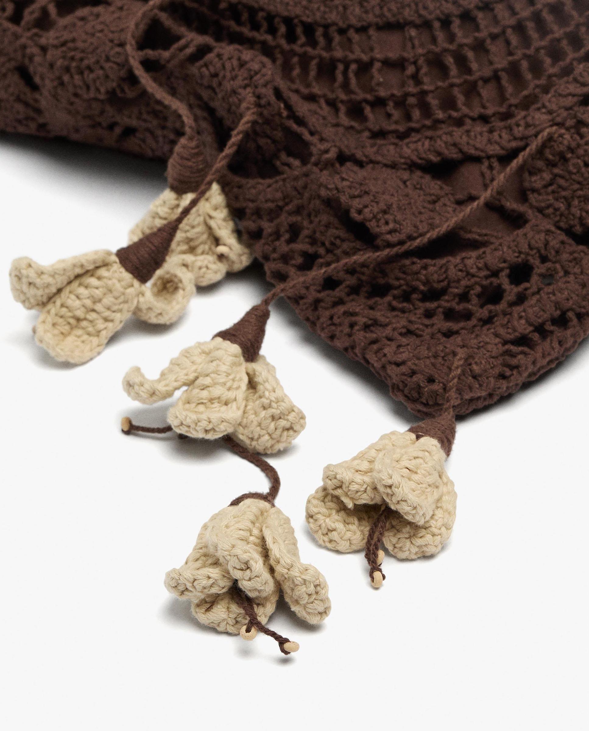 Bolso de hombro 100% algodón de crochet con borlas decorativas - Parfois - Marrón oscuro Marrón oscuro-3