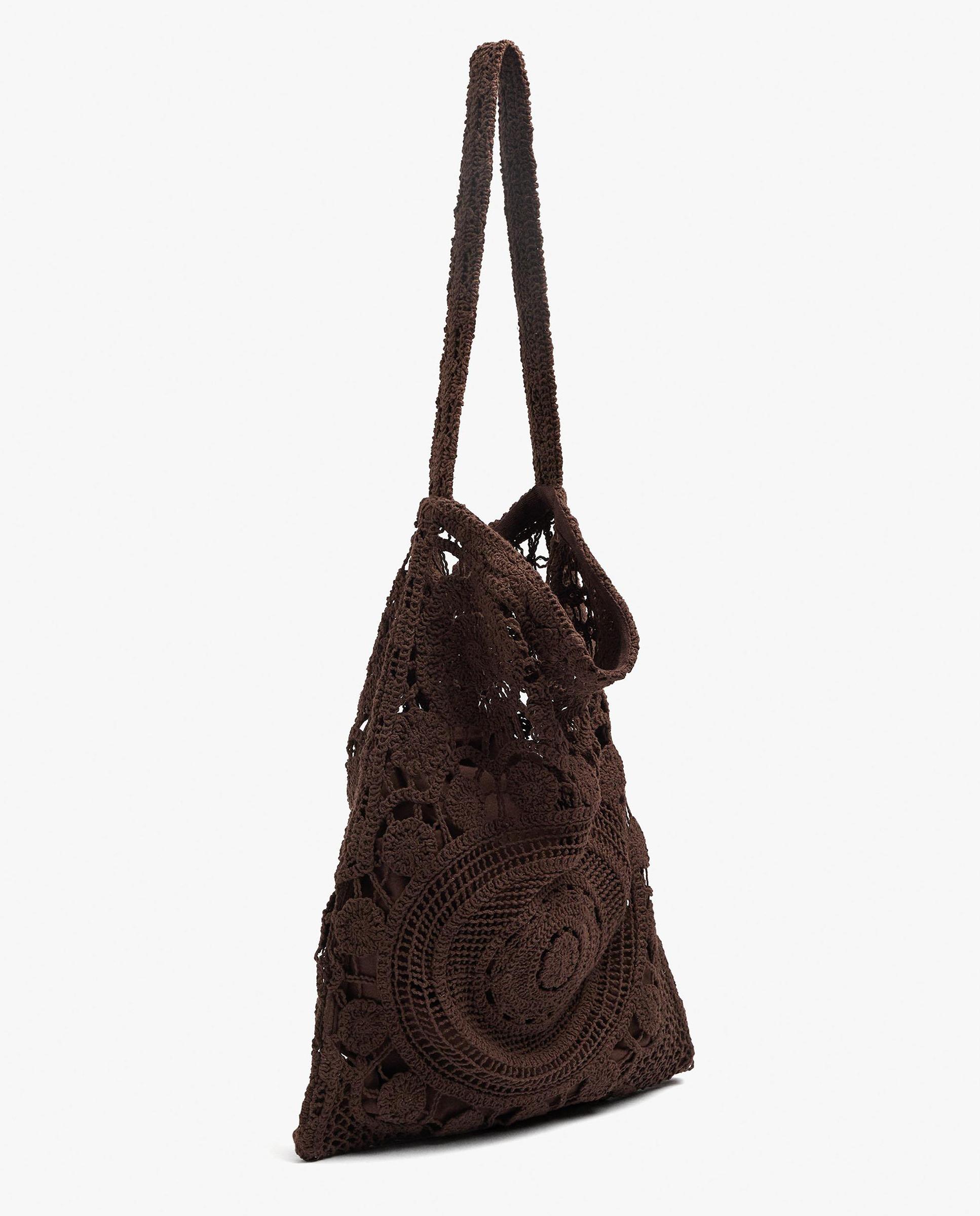 Bolso de hombro 100% algodón de crochet con borlas decorativas - Parfois - Marrón oscuro Marrón oscuro-2