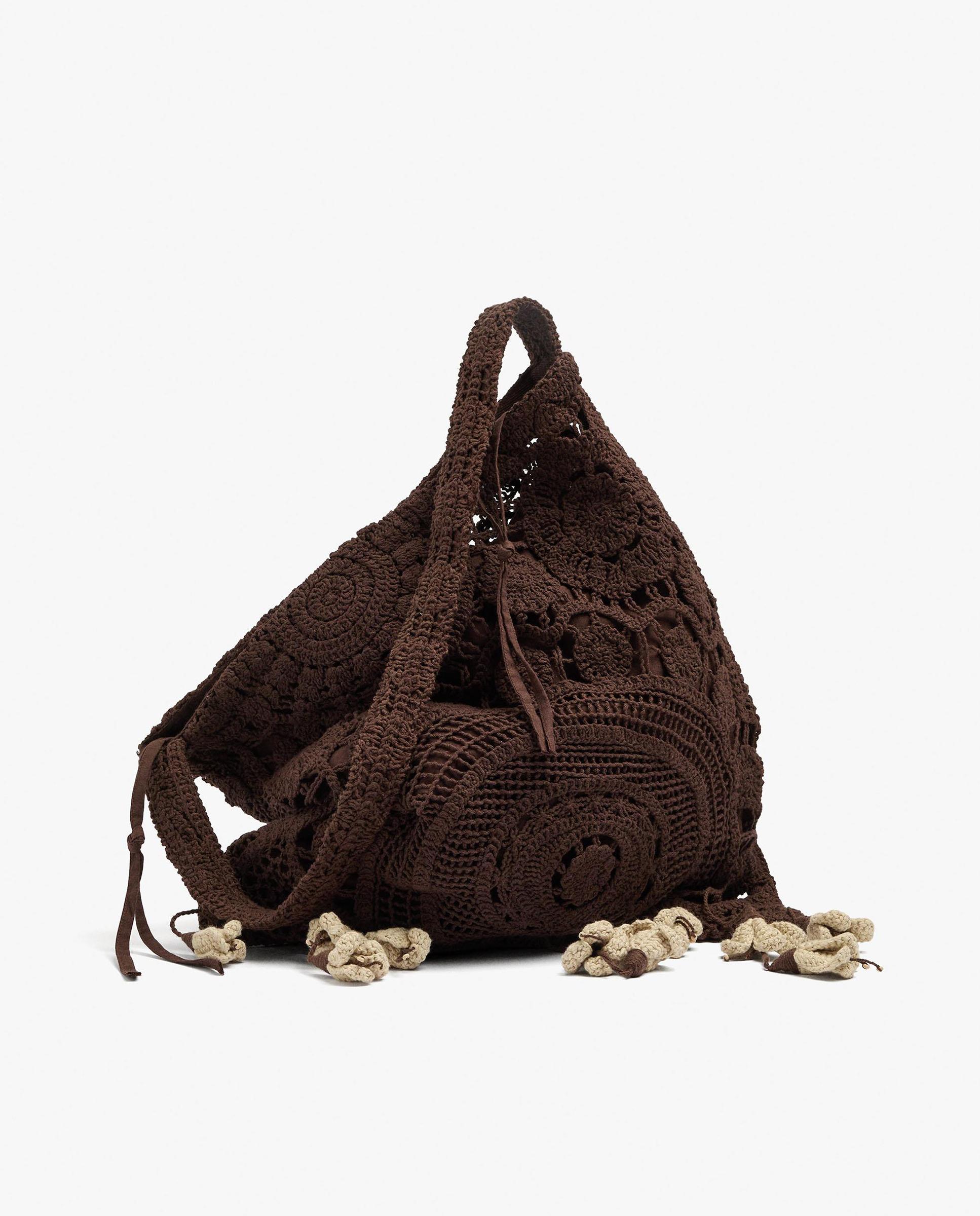 Bolso de hombro 100% algodón de crochet con borlas decorativas - Parfois - Marrón oscuro Marrón oscuro-5