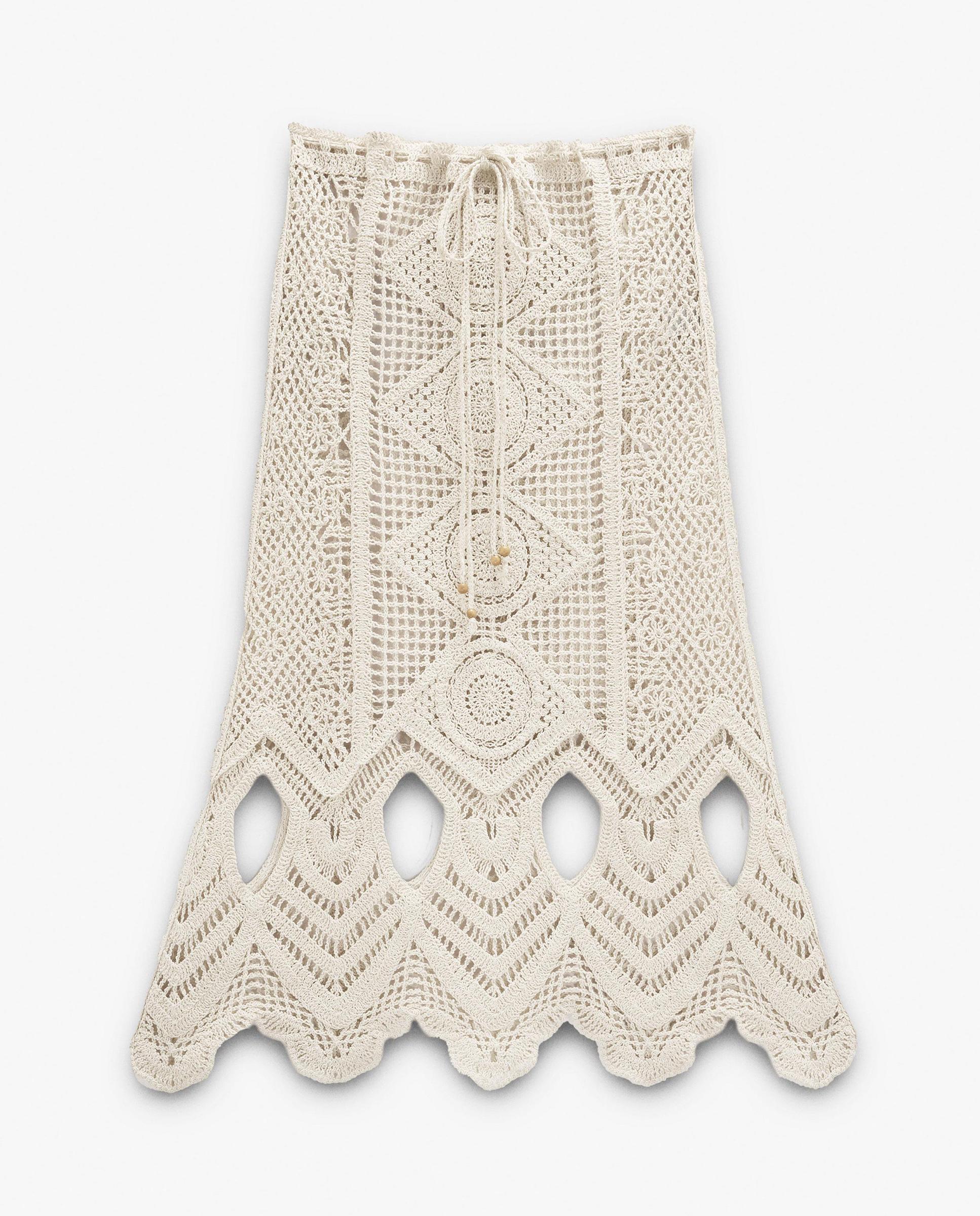 Falda midi 100% algodón de punto de crochet - Parfois - Crudo Crudo-1