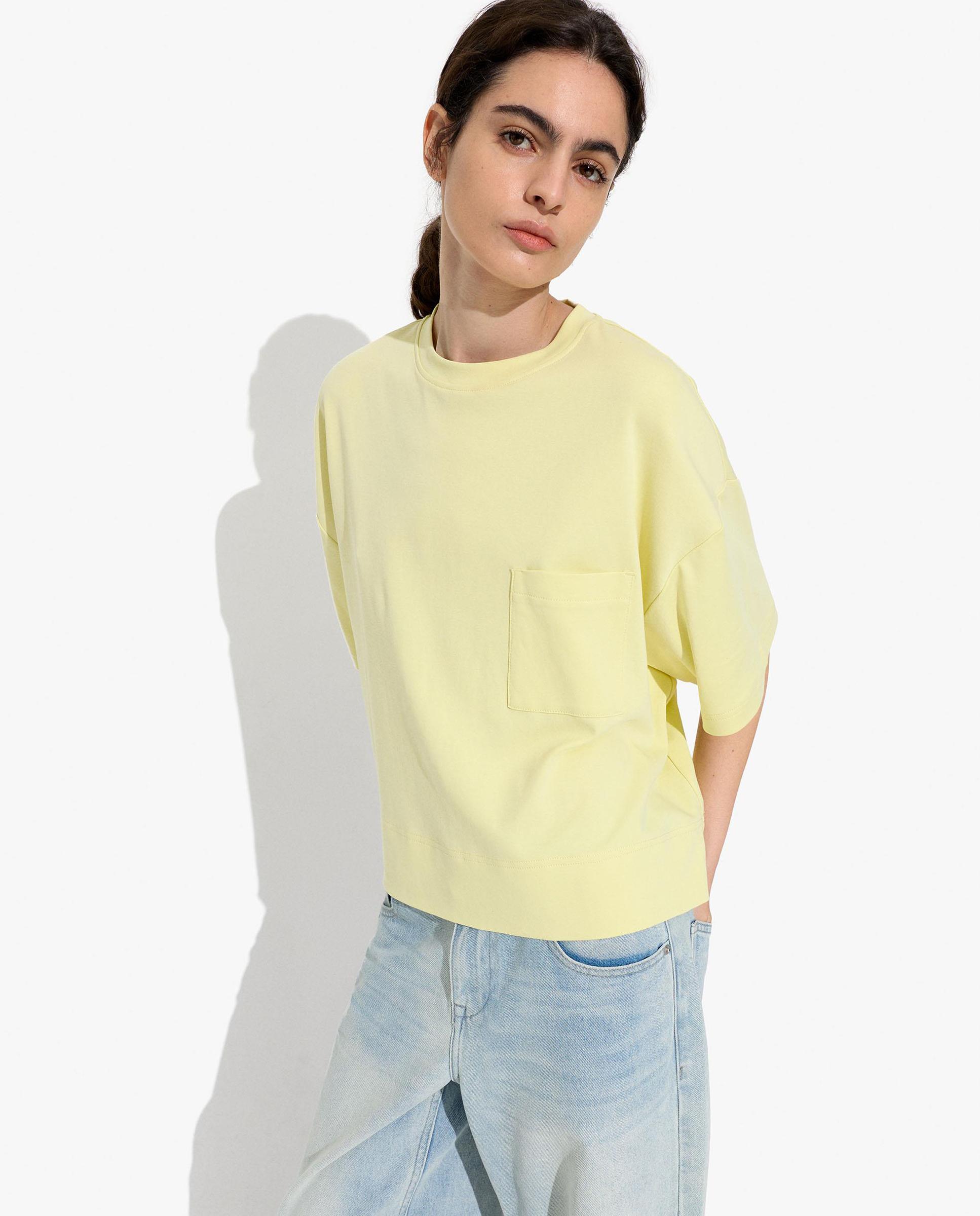 Camiseta de mujer 100% algodón de manga corta con bolsillo decorativo - Parfois - Amarillo Amarillo-1