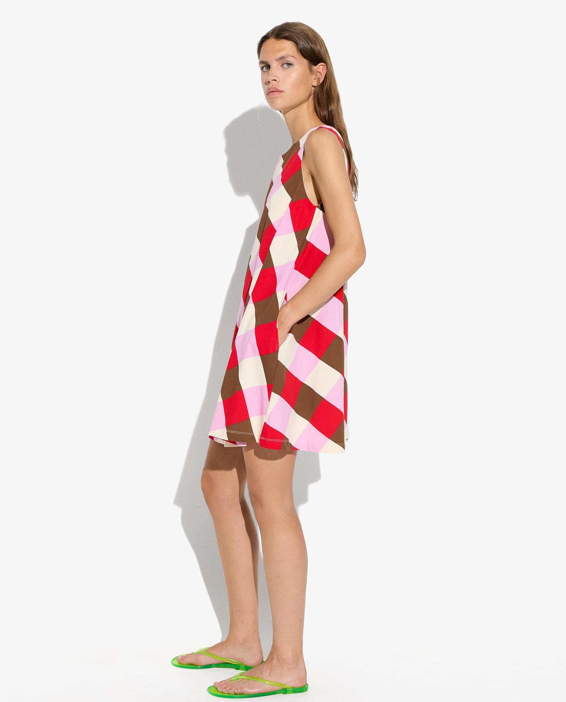 Vestido corto 100% algodón con estampado vichy - Parfois - Multicolor Multicolor-3