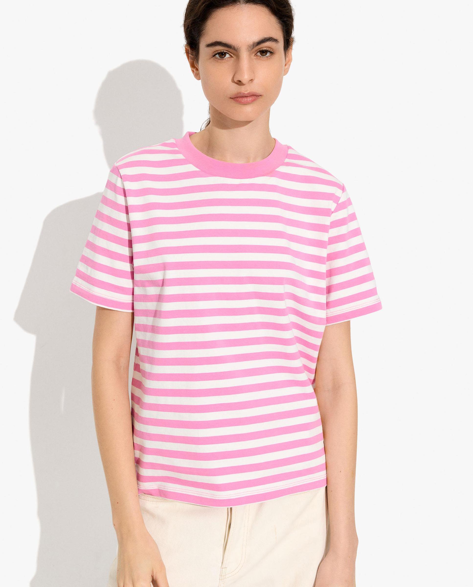 Camiseta de mujer 100% algodón de manga corta con estampado de rayas - Parfois - Rosa Rosa-1
