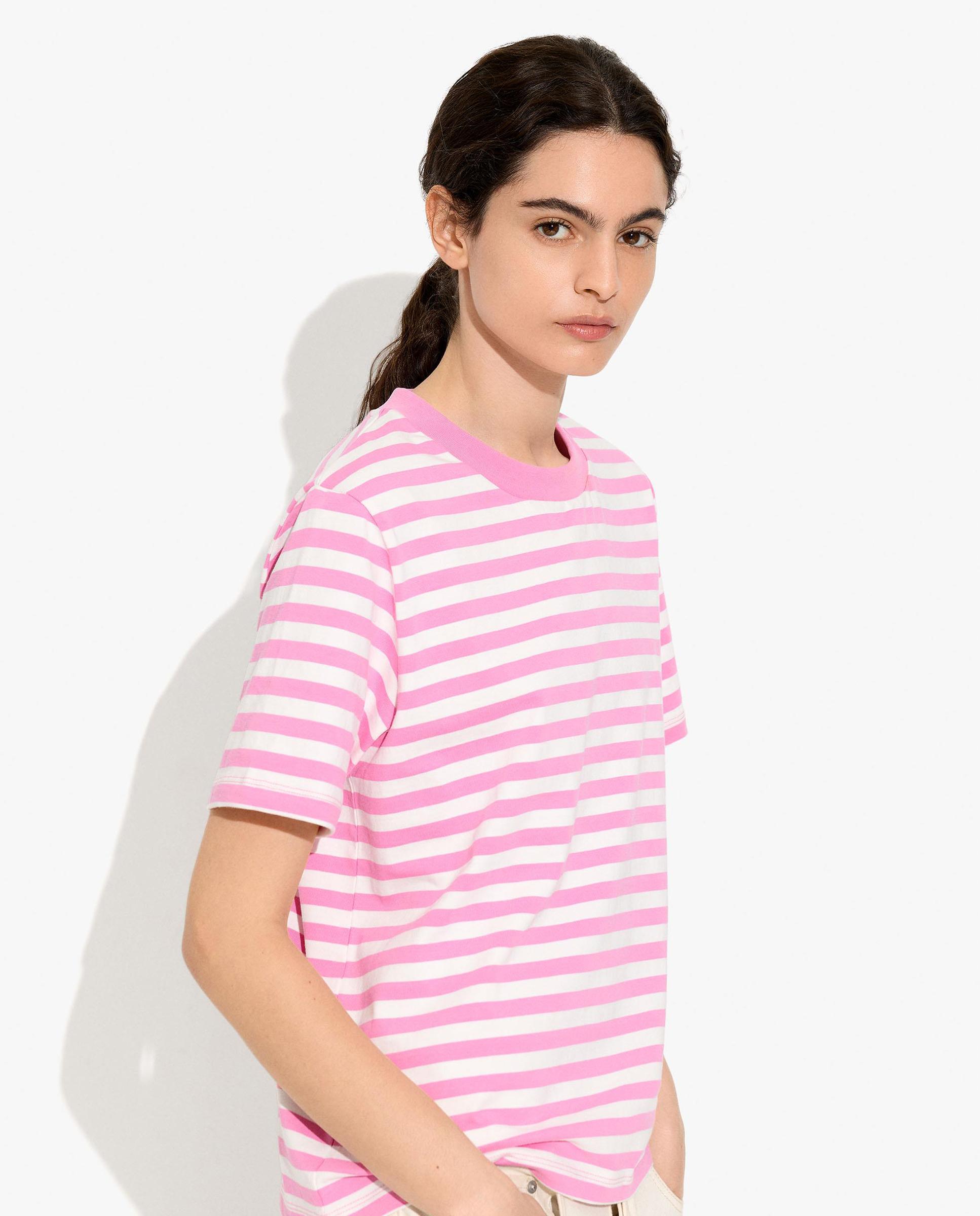 Camiseta de mujer 100% algodón de manga corta con estampado de rayas - Parfois - Rosa Rosa-3