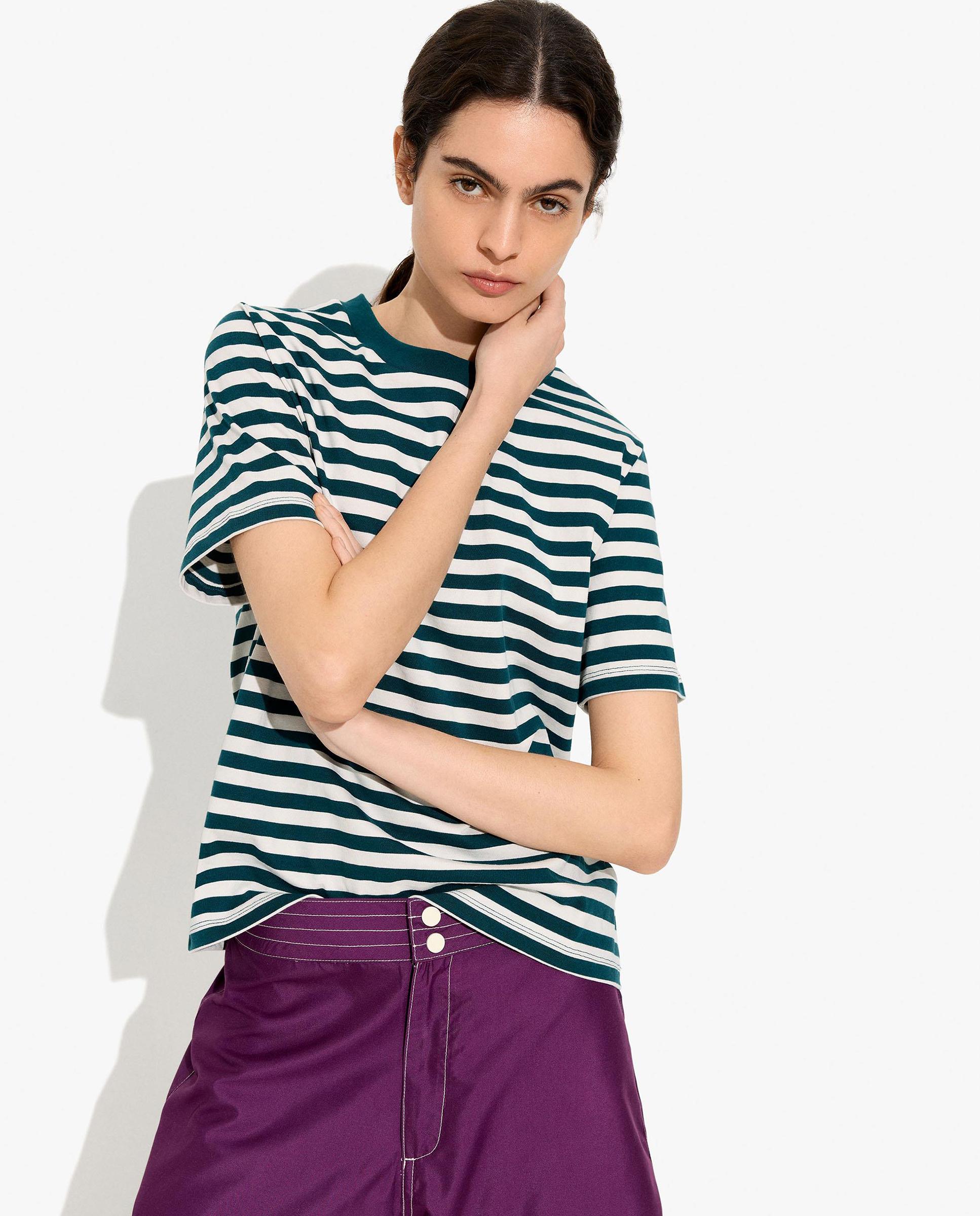 Camiseta de mujer 100% algodón de manga corta con estampado de rayas - Parfois - Verde Verde-1