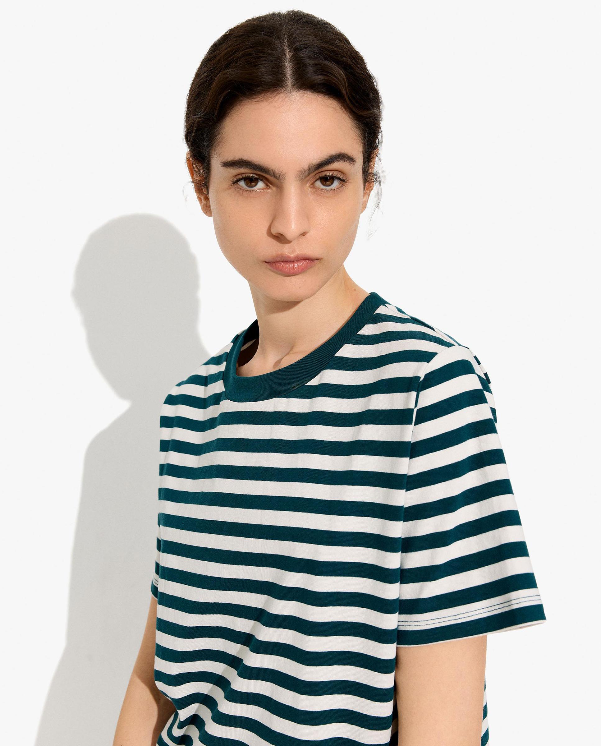 Camiseta de mujer 100% algodón de manga corta con estampado de rayas - Parfois - Verde Verde-3