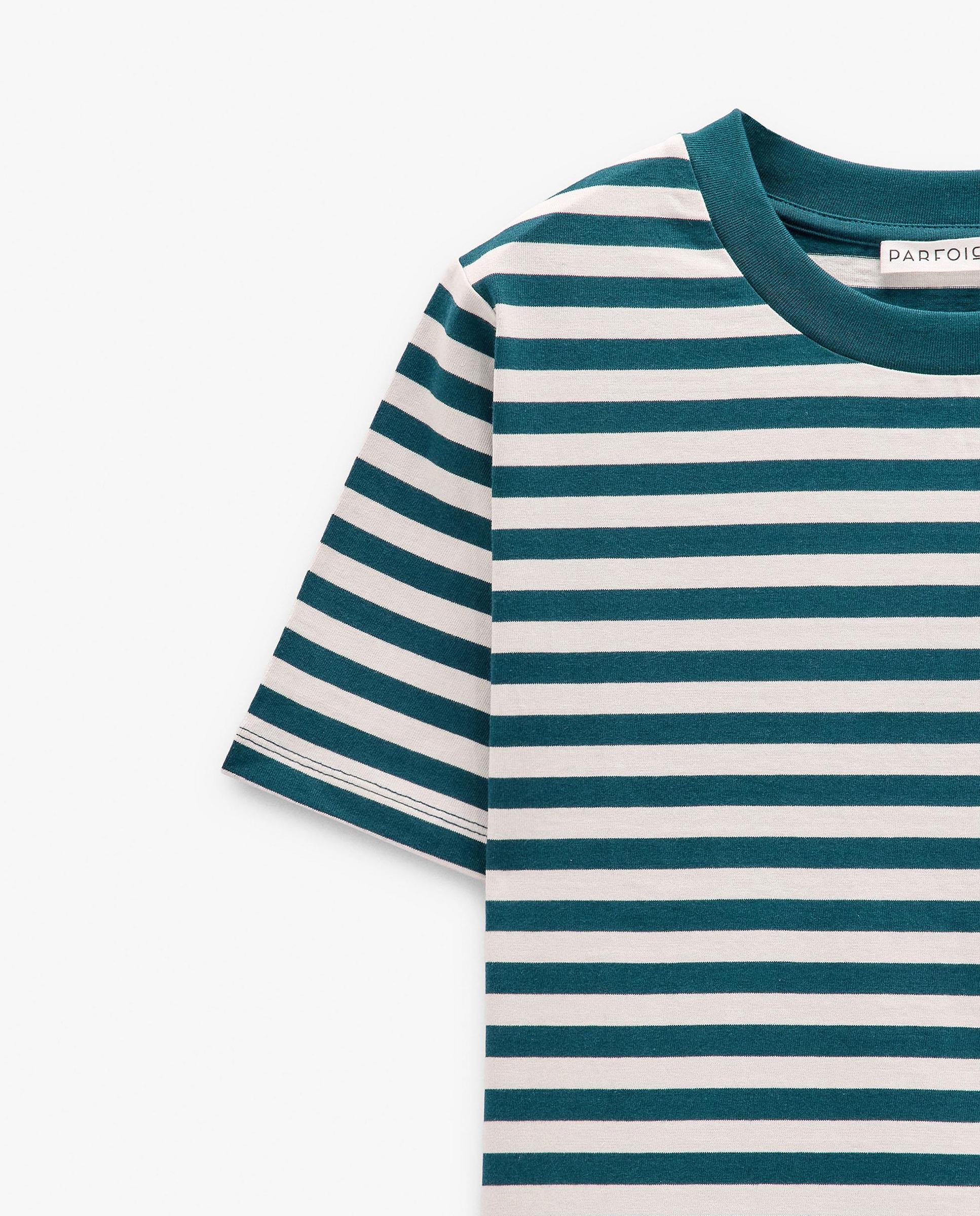 Camiseta de mujer 100% algodón de manga corta con estampado de rayas - Parfois - Verde Verde-5