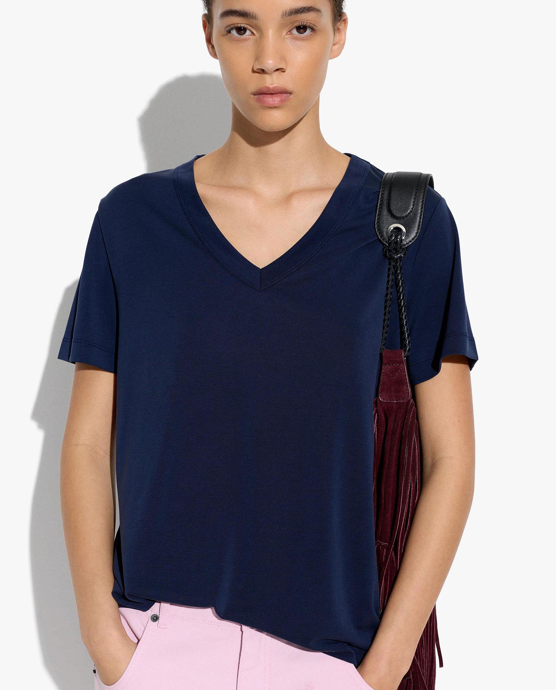 Camiseta de mujer de manga corta con cuello pico - Parfois - Azul marino Azul marino-1