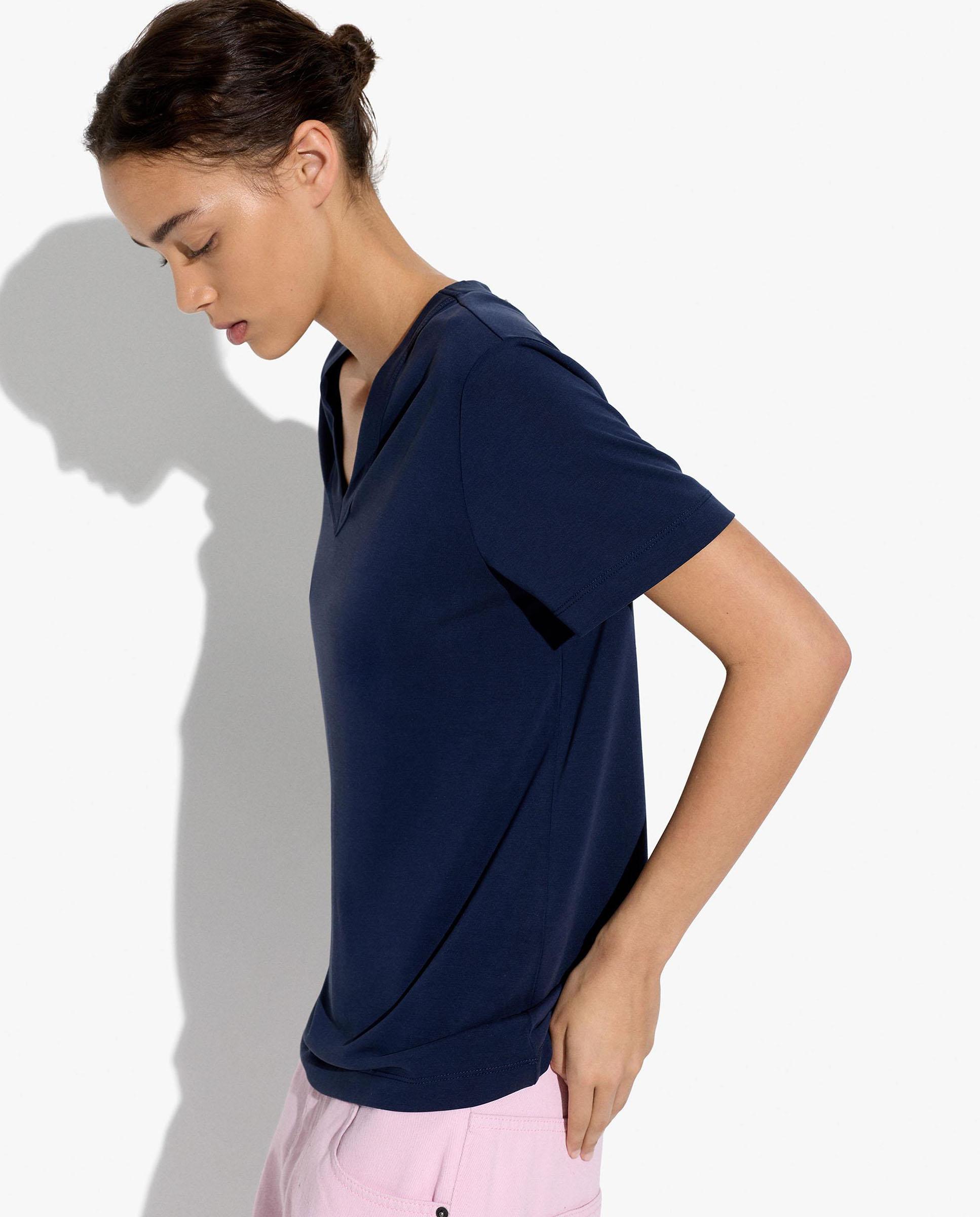 Camiseta de mujer de manga corta con cuello pico - Parfois - Azul marino Azul marino-3