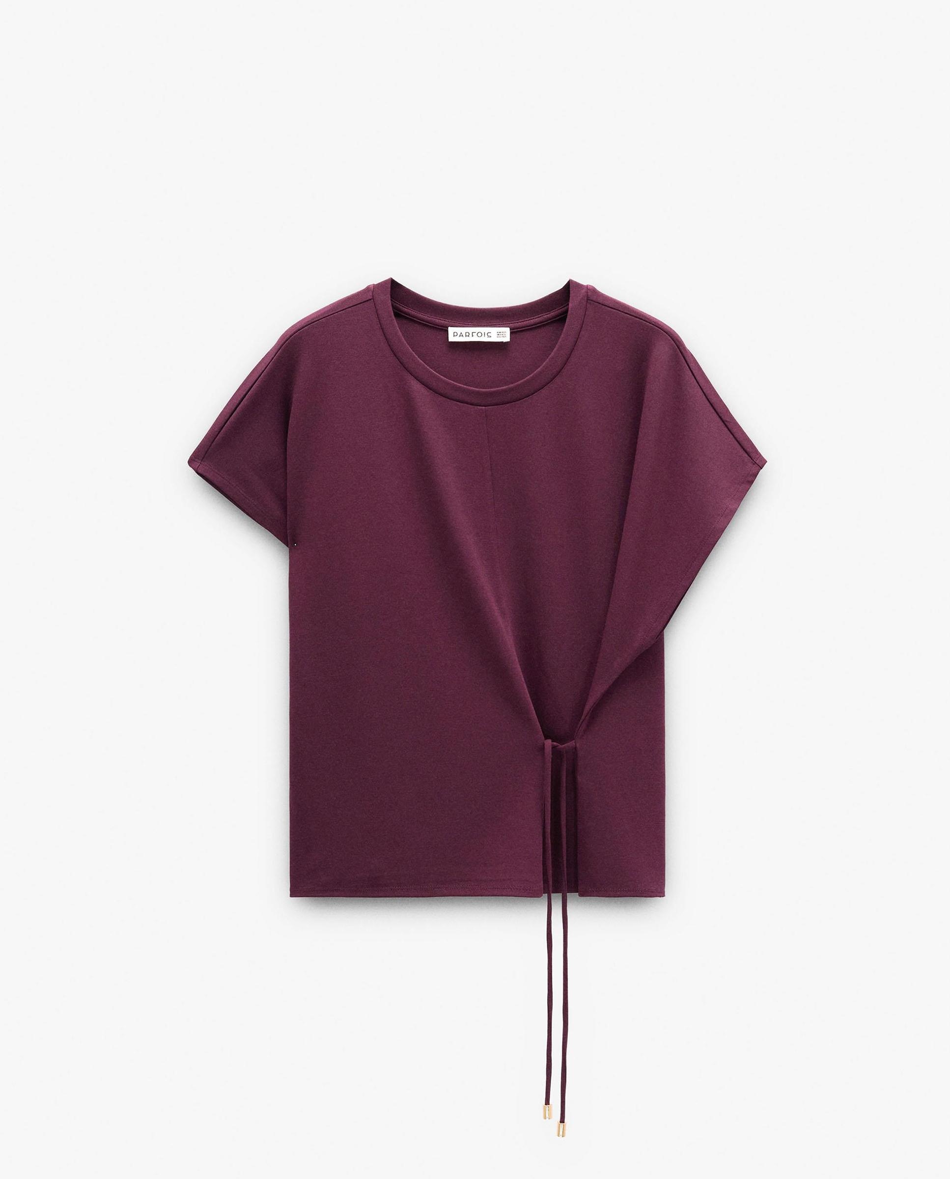 Camiseta de mujer de manga corta con fruncido lateral en liso - Parfois - Burdeos Burdeos-6