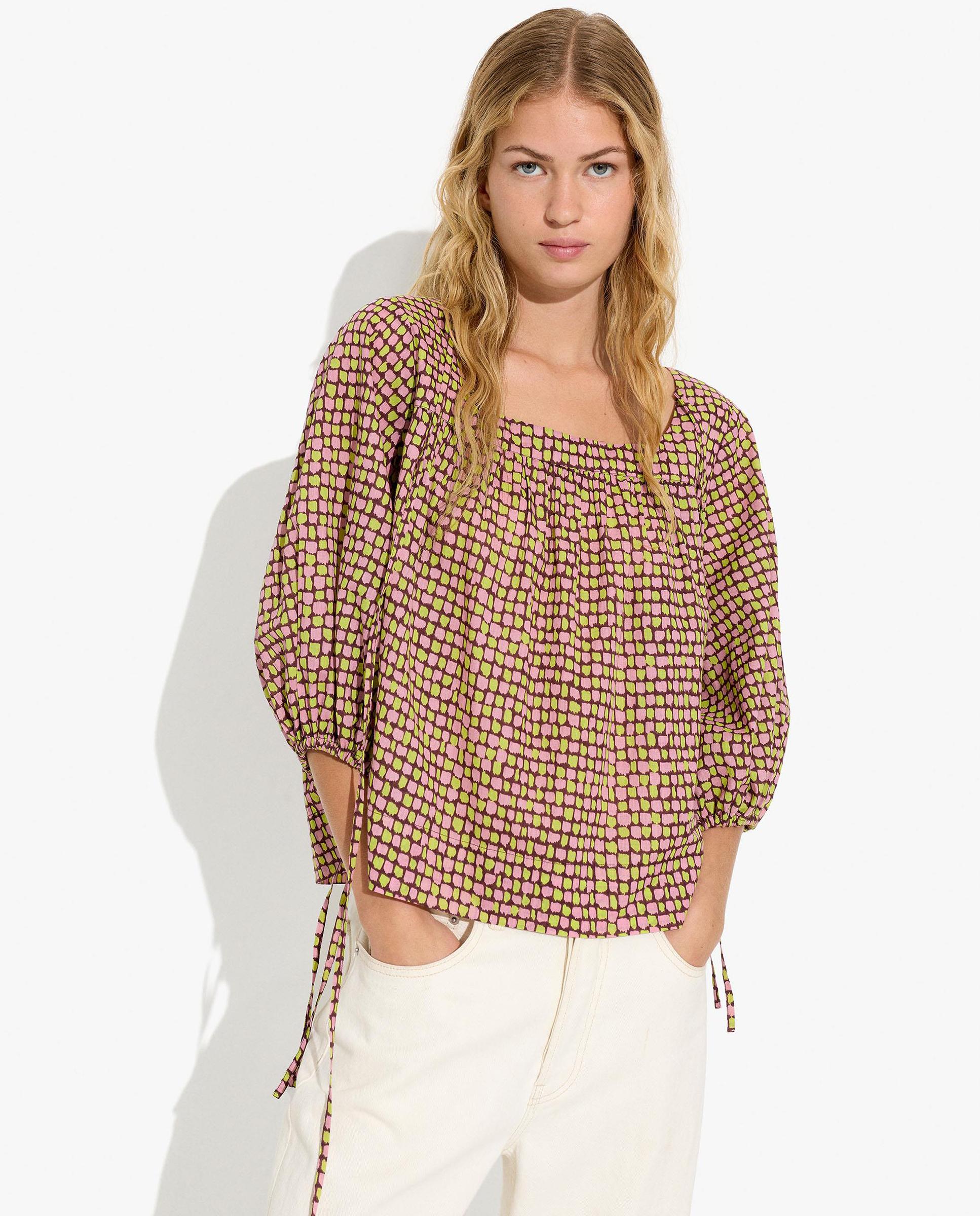 Blusa de mujer 100% algodón con mangas abullonadas con minicuadros decorativos - Parfois - Burdeos Burdeos-1