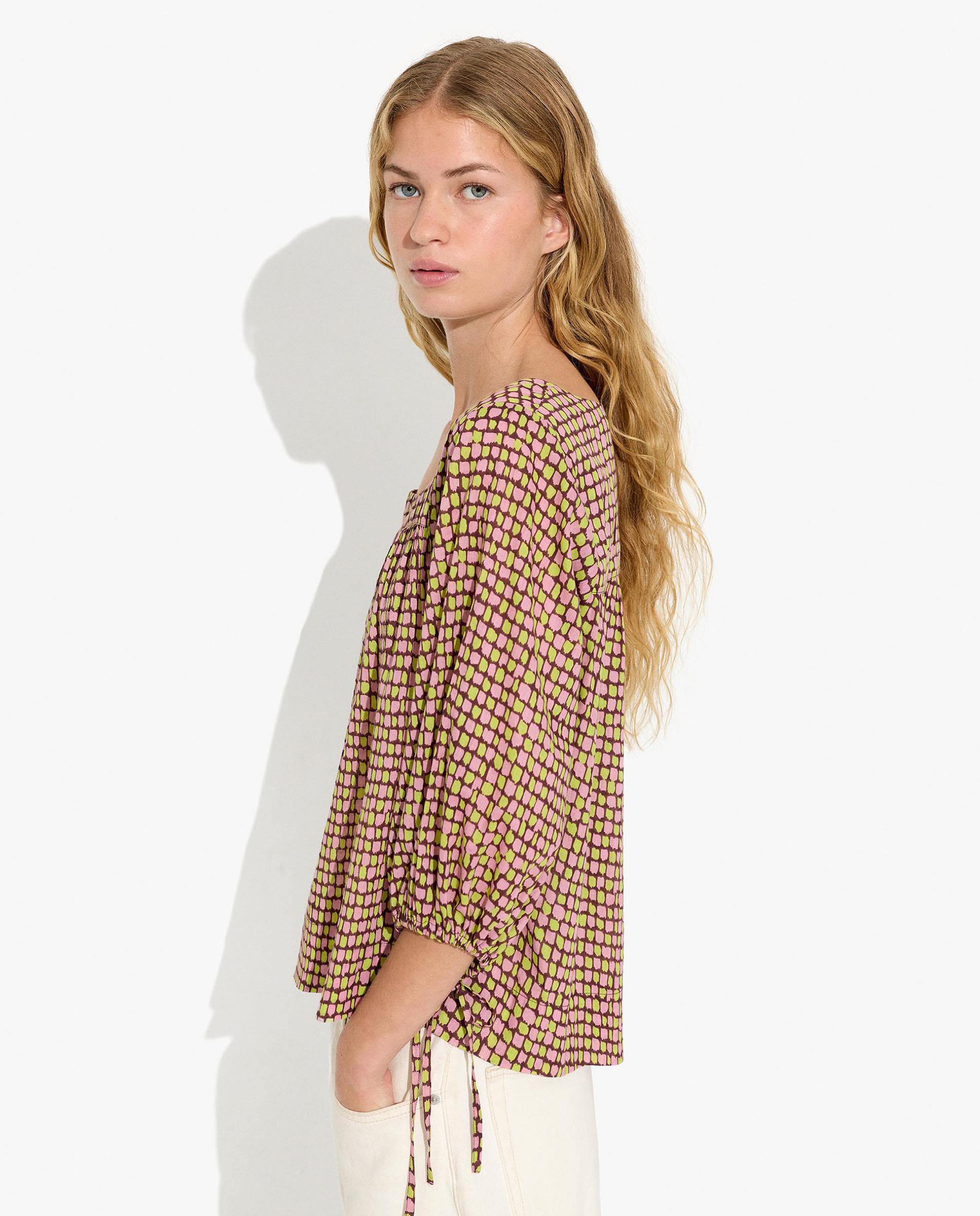 Blusa de mujer 100% algodón con mangas abullonadas con minicuadros decorativos - Parfois - Burdeos Burdeos-3