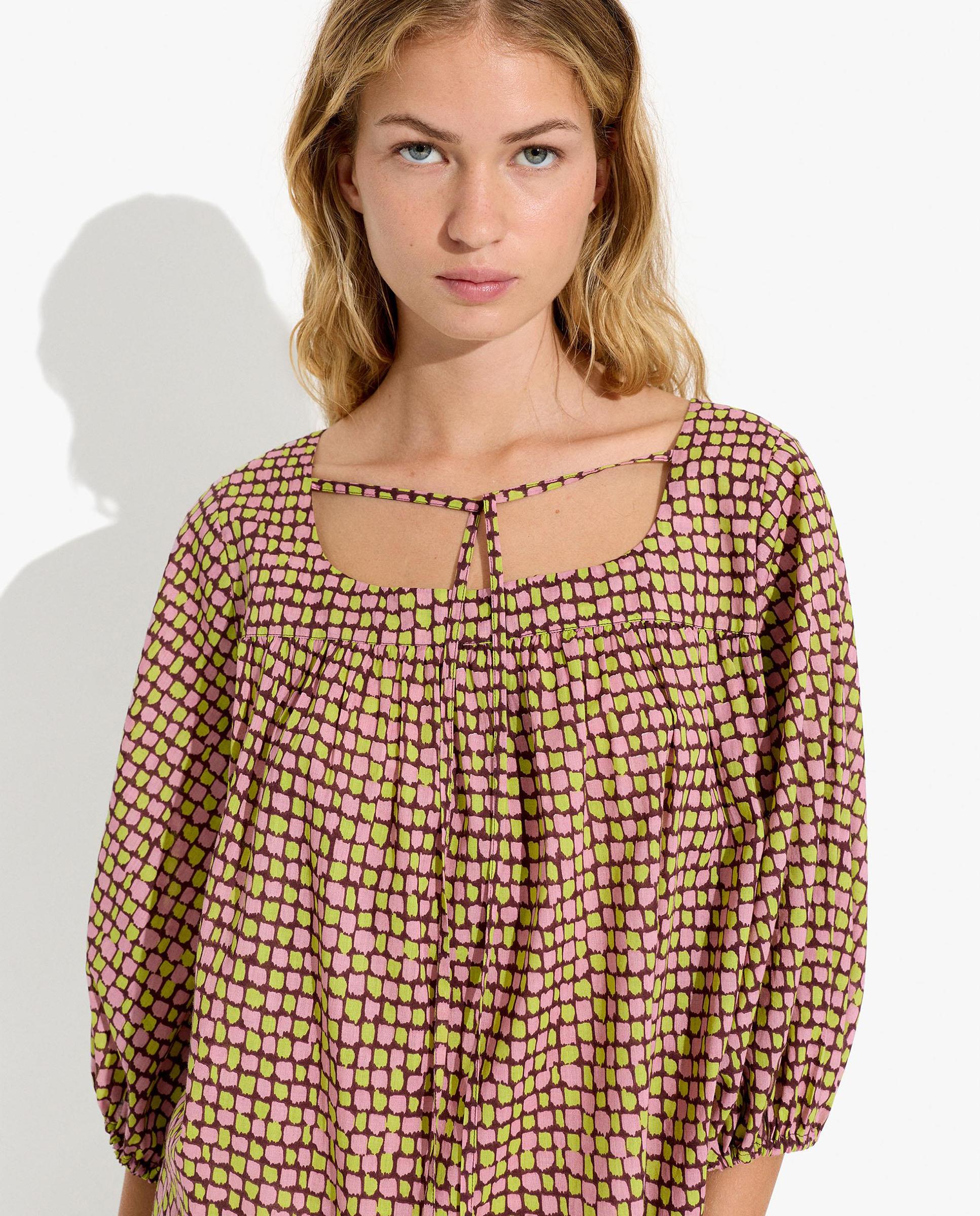 Blusa de mujer 100% algodón con mangas abullonadas con minicuadros decorativos - Parfois - Burdeos Burdeos-5