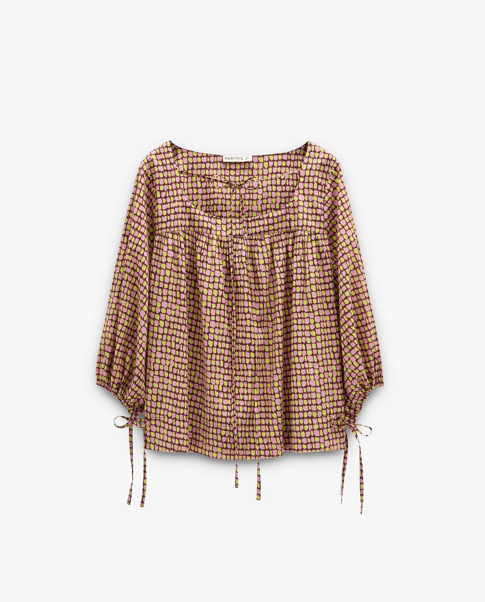 Blusa de mujer 100% algodón con mangas abullonadas con minicuadros decorativos - Parfois - Burdeos Burdeos-7