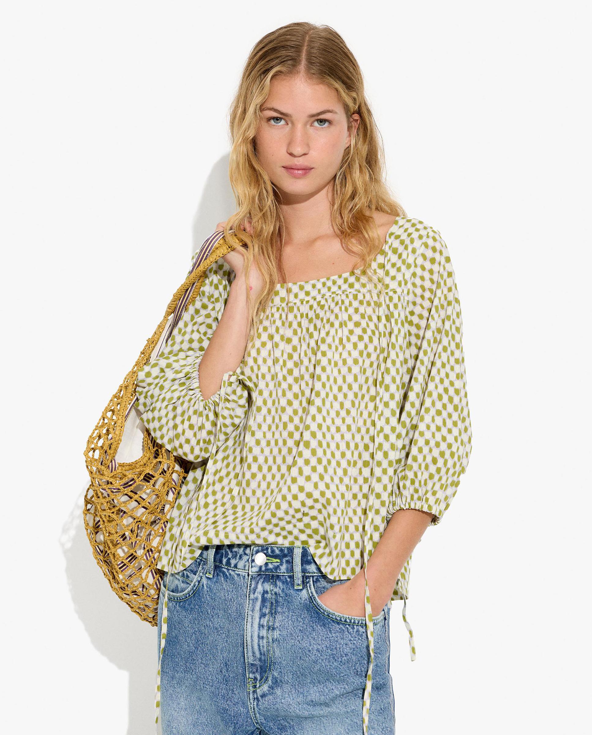 Blusa de mujer 100% algodón con mangas abullonadas con minicuadros decorativos - Parfois - Verde Verde-1