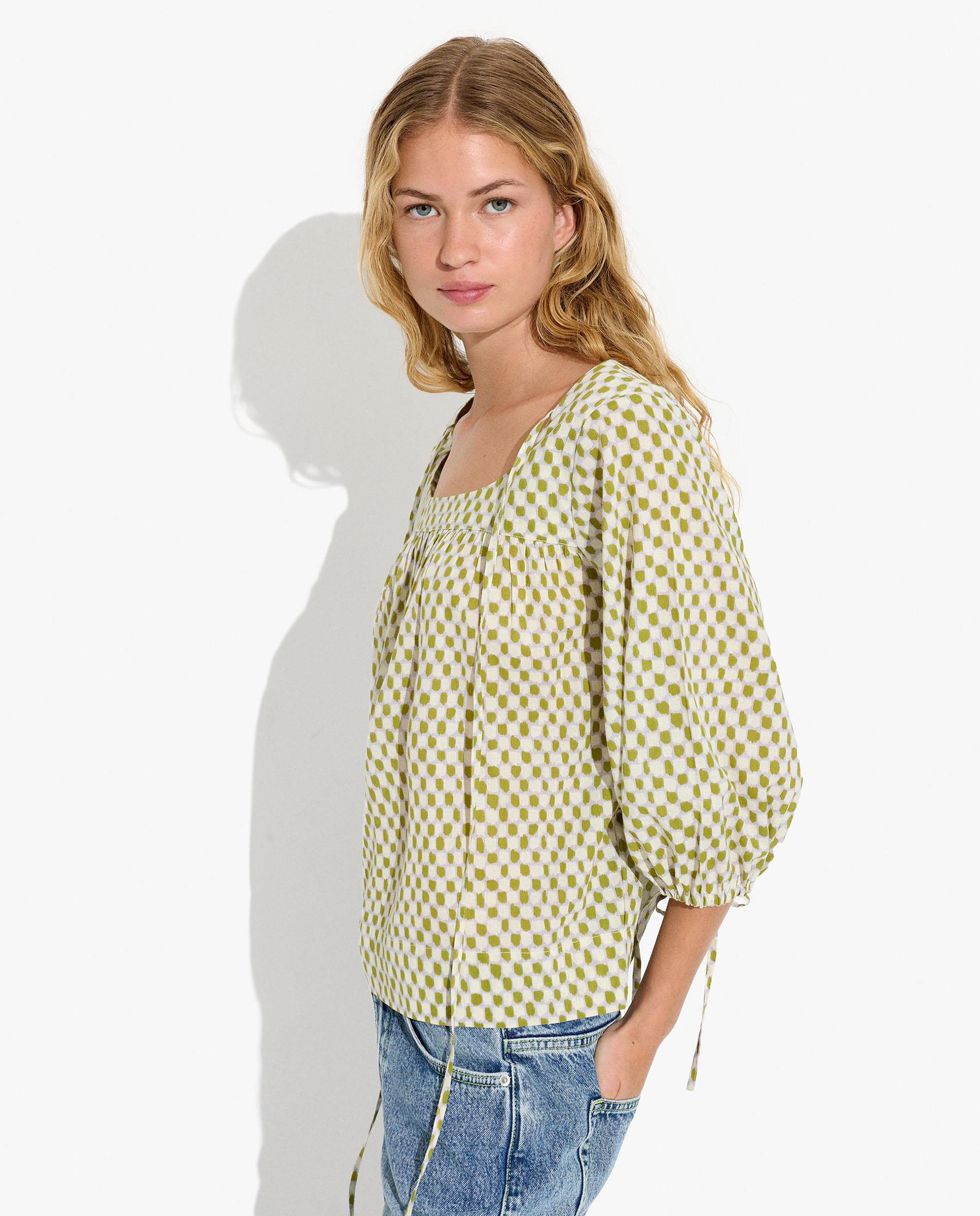 Blusa de mujer 100% algodón con mangas abullonadas con minicuadros decorativos - Parfois - Verde Verde-3