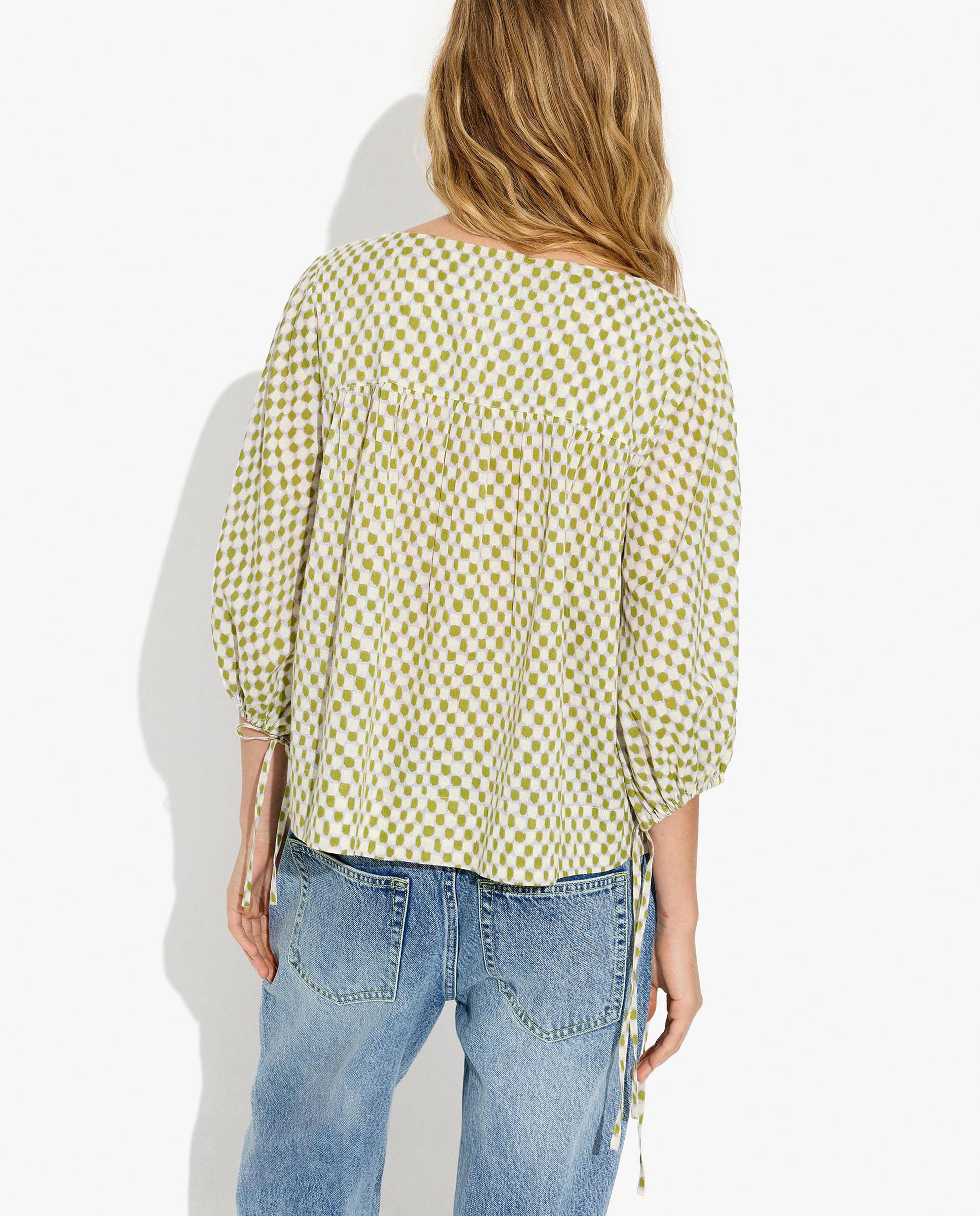 Blusa de mujer 100% algodón con mangas abullonadas con minicuadros decorativos - Parfois - Verde Verde-4