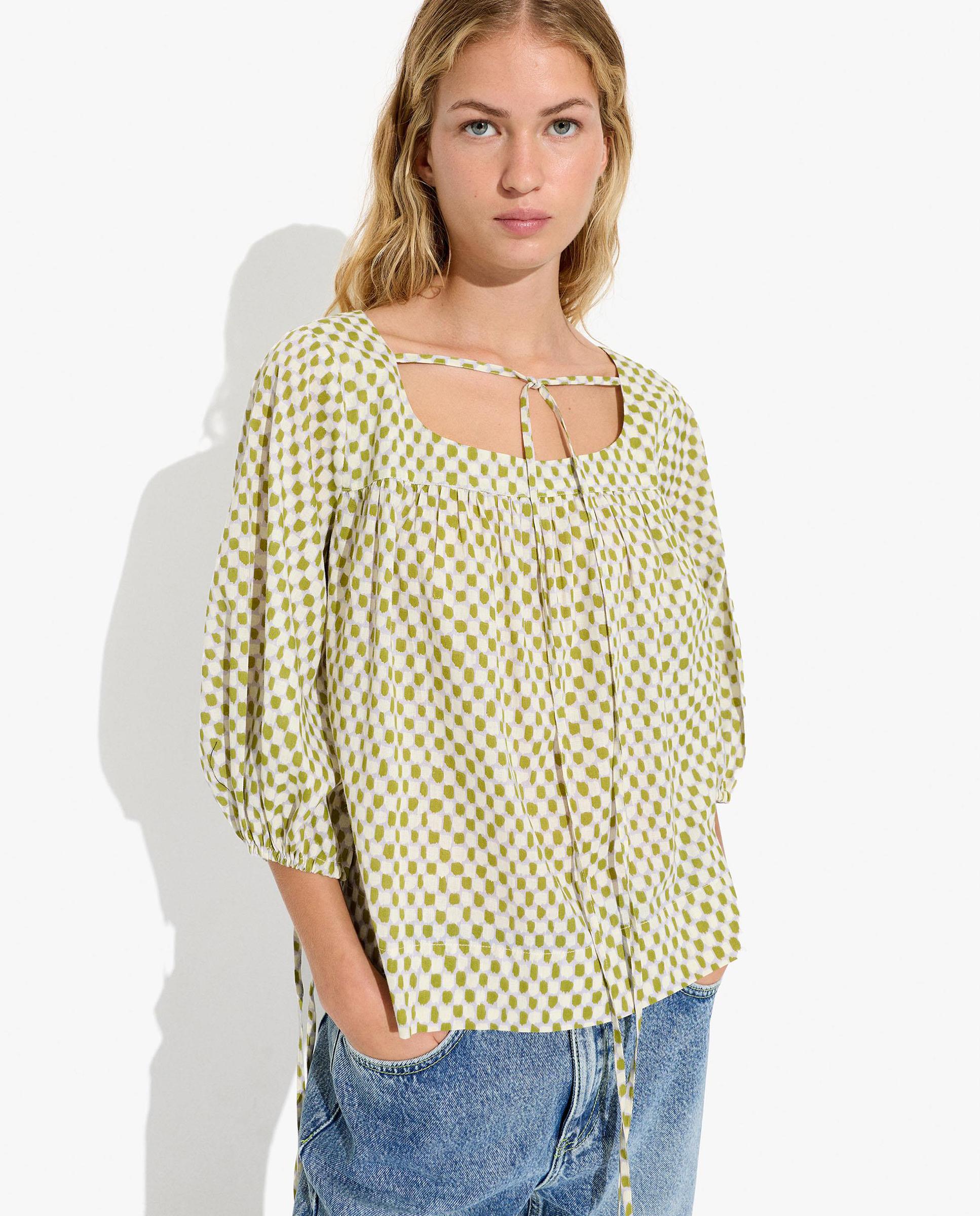 Blusa de mujer 100% algodón con mangas abullonadas con minicuadros decorativos - Parfois - Verde Verde-6