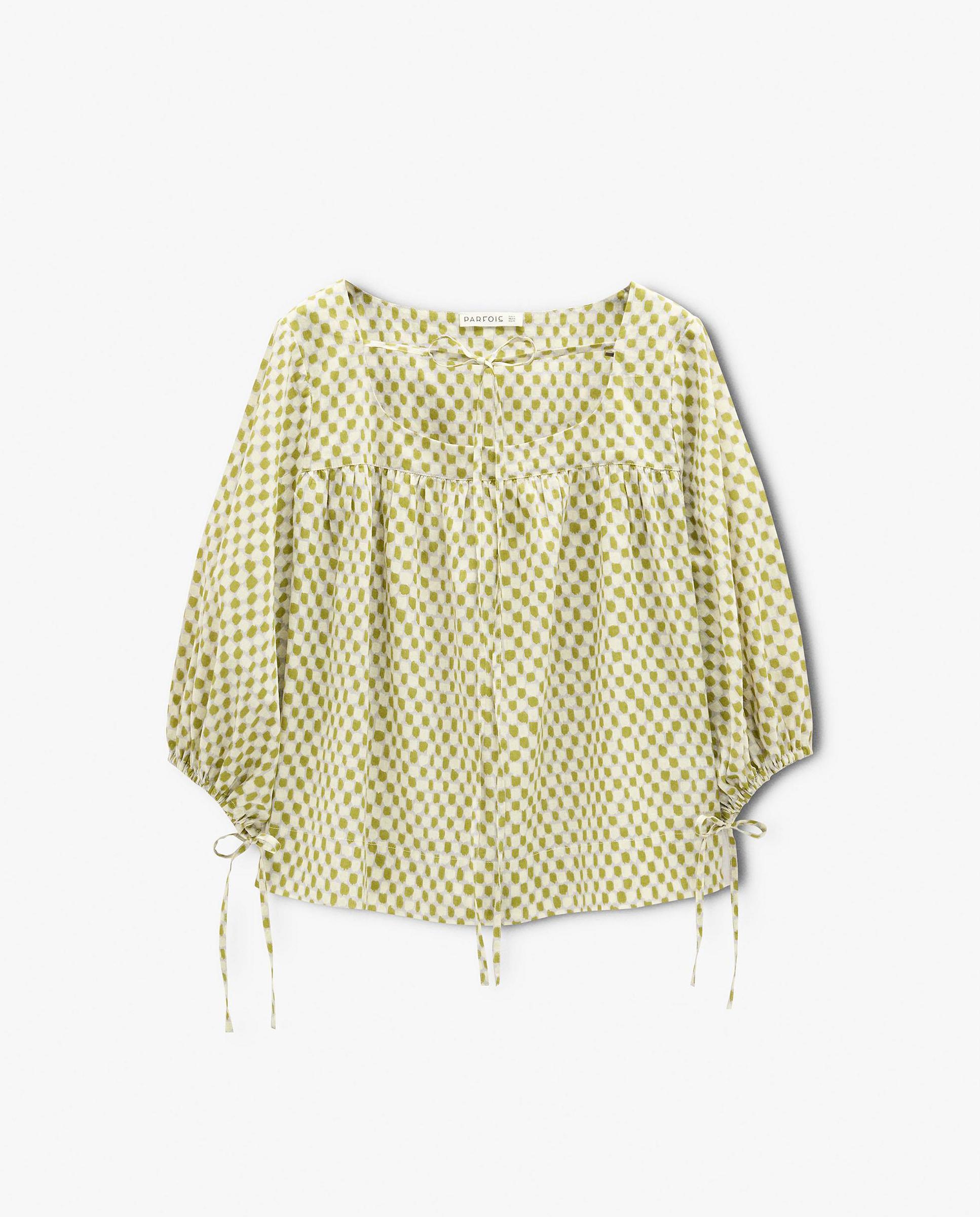 Blusa de mujer 100% algodón con mangas abullonadas con minicuadros decorativos - Parfois - Verde Verde-7
