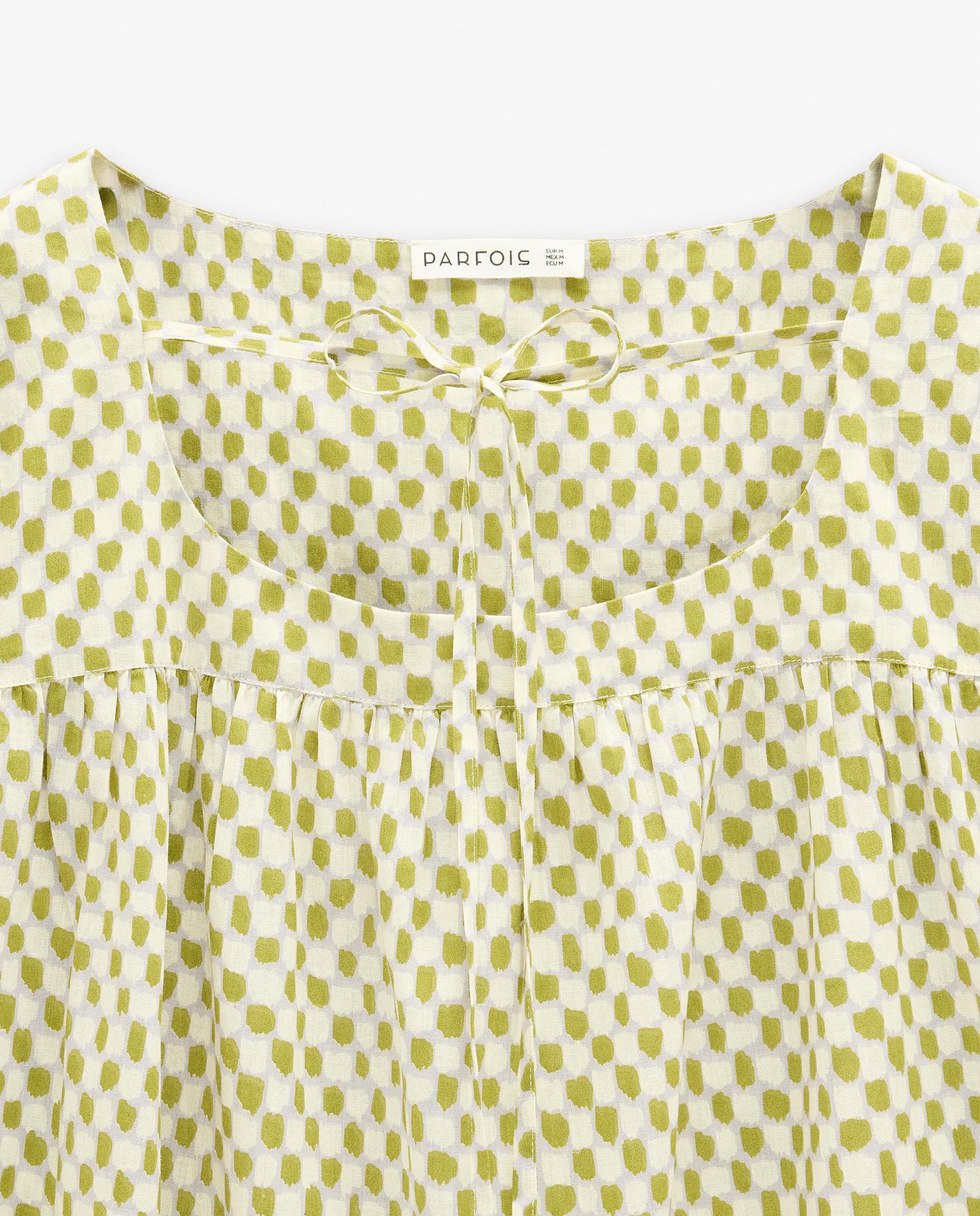 Blusa de mujer 100% algodón con mangas abullonadas con minicuadros decorativos - Parfois - Verde Verde-8