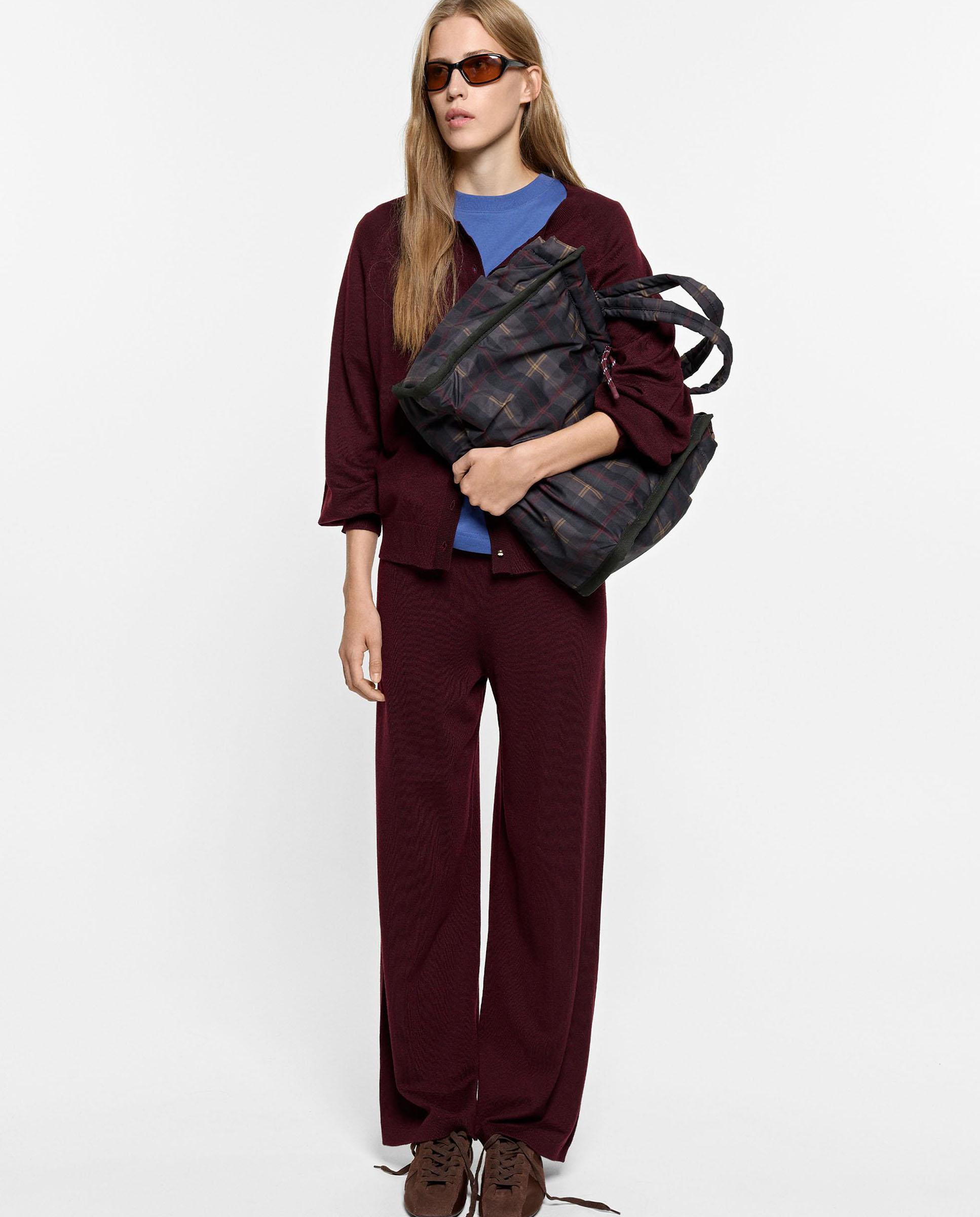 Pantalones rectos de mujer de punto con cintura elástica en liso - Parfois - Burdeos Burdeos-1