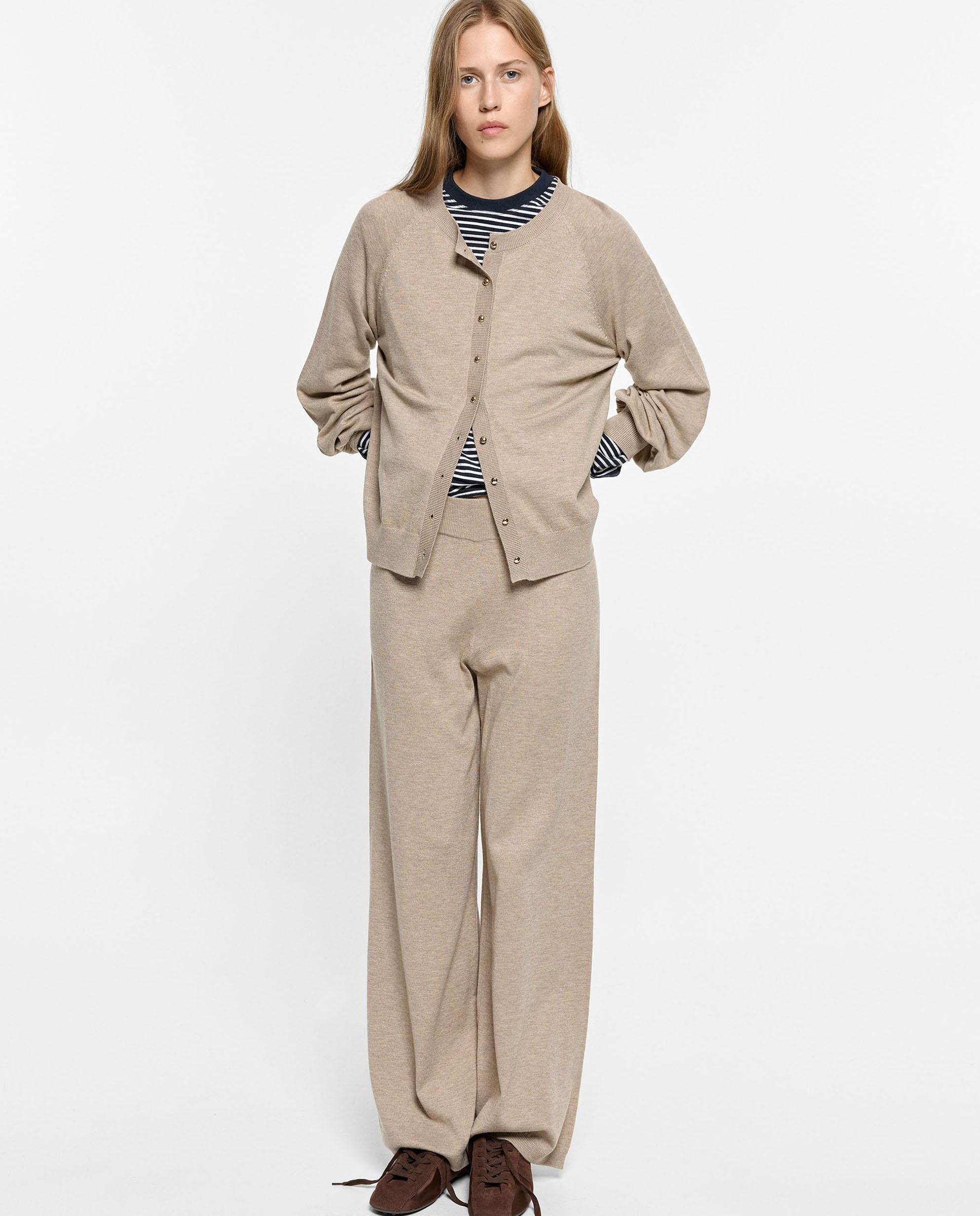 Pantalones rectos de mujer de punto con cintura elástica en liso - Parfois - Beige Beige-1