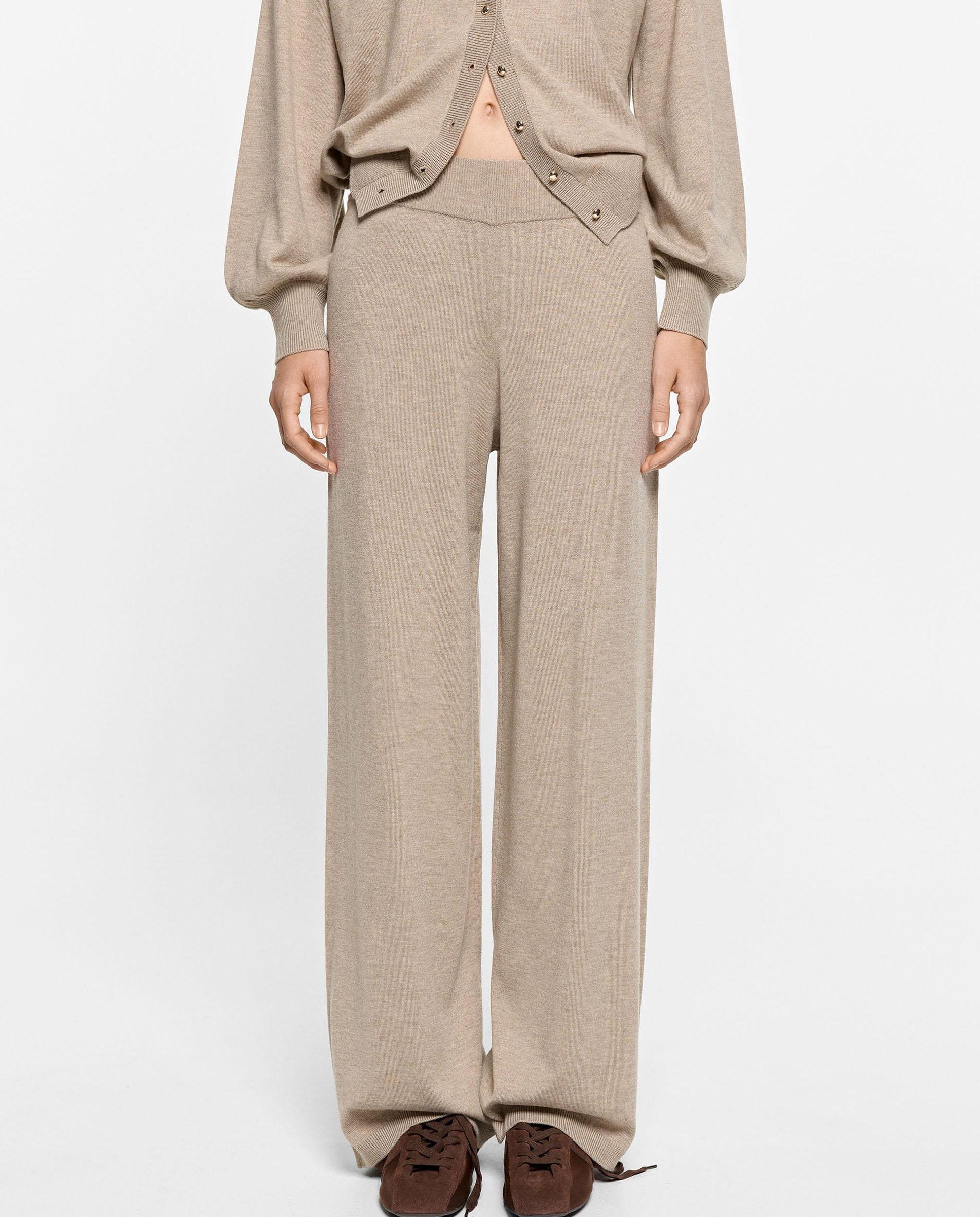 Pantalones rectos de mujer de punto con cintura elástica en liso - Parfois - Beige Beige-2