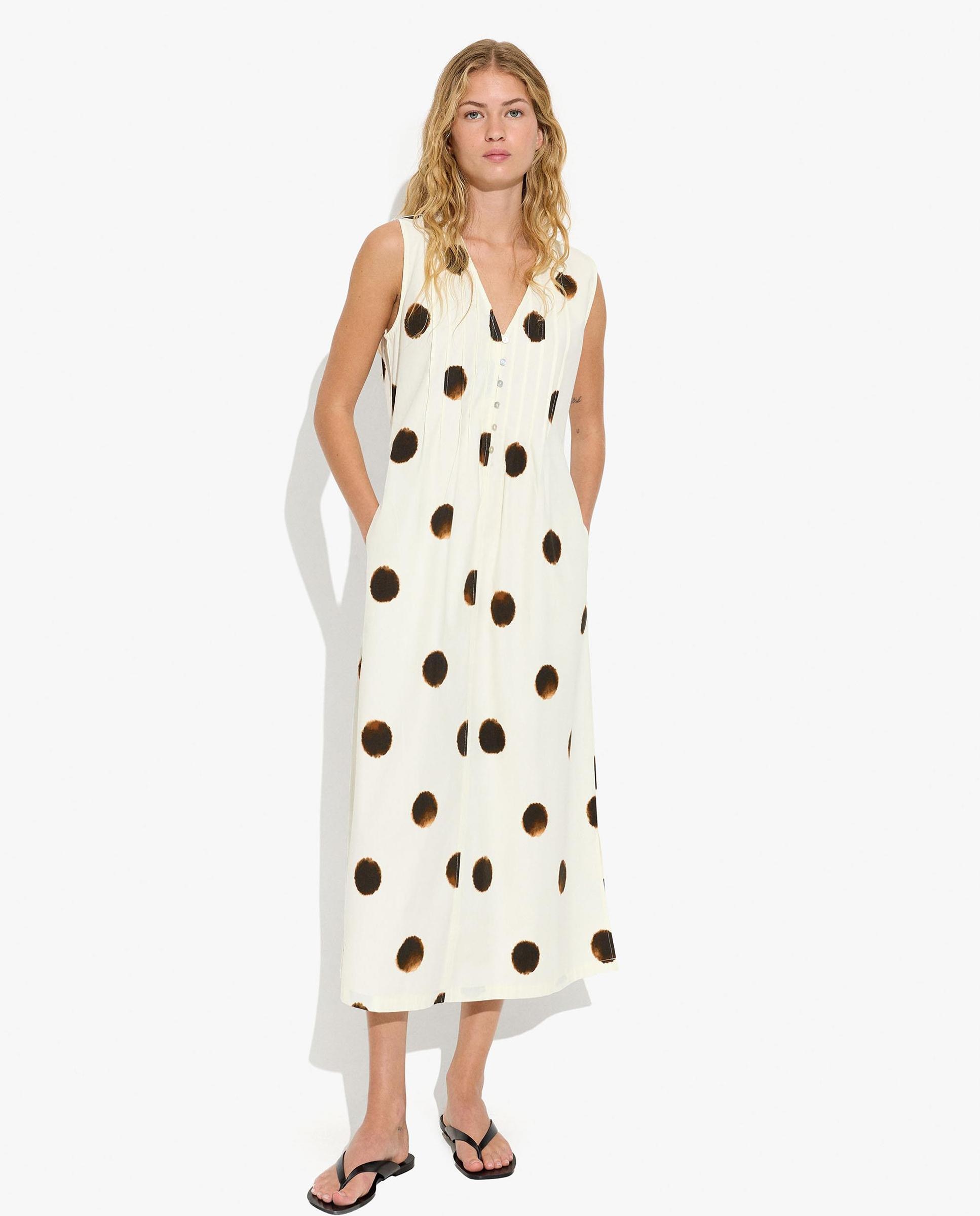 Vestido largo 100% algodón estilo camisero con lunares decorativos - Parfois - Crudo Crudo-2