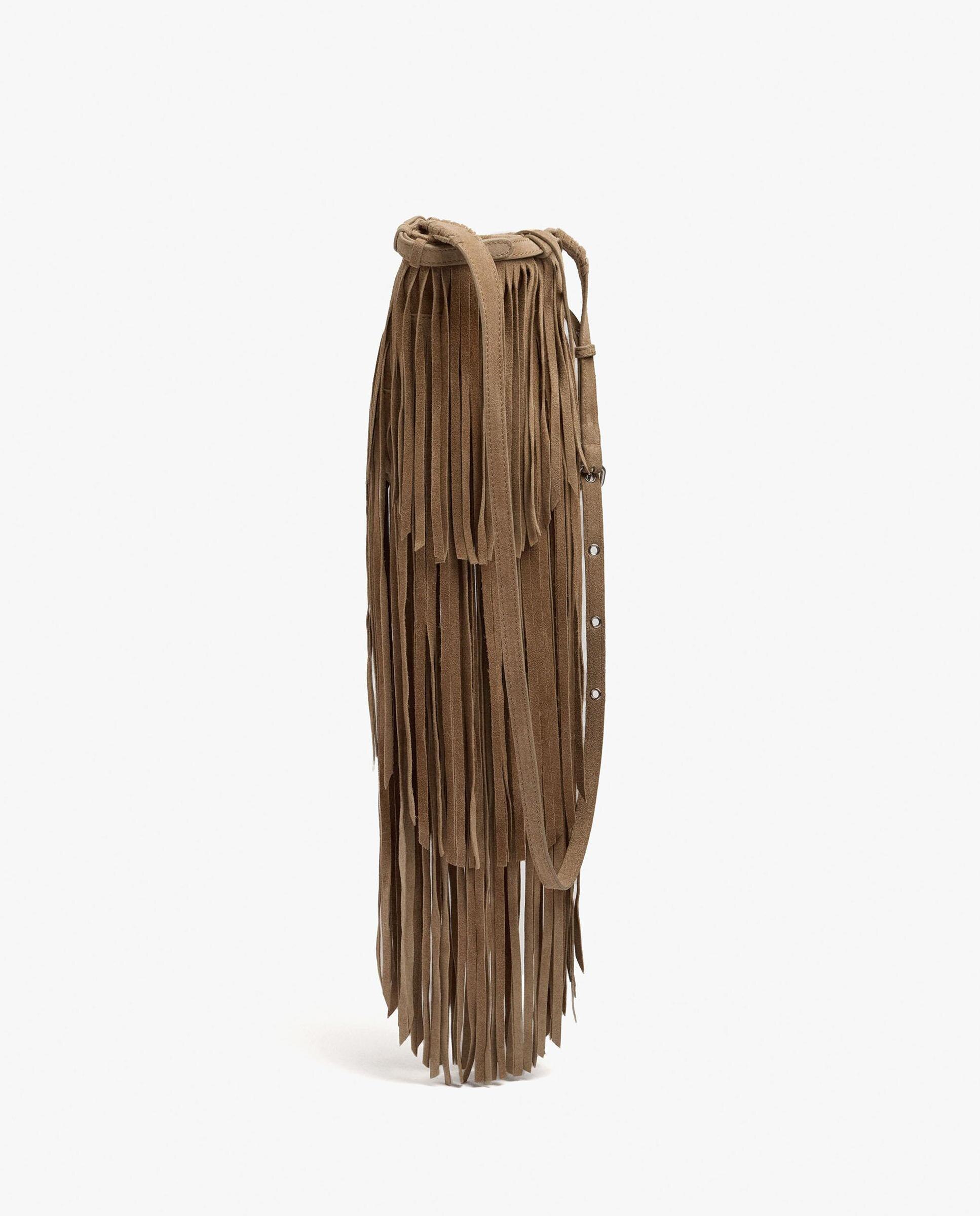 Bandolera de mujer 100% piel con flecos largos y cierre fruncido en liso - Parfois - Topo Topo-2