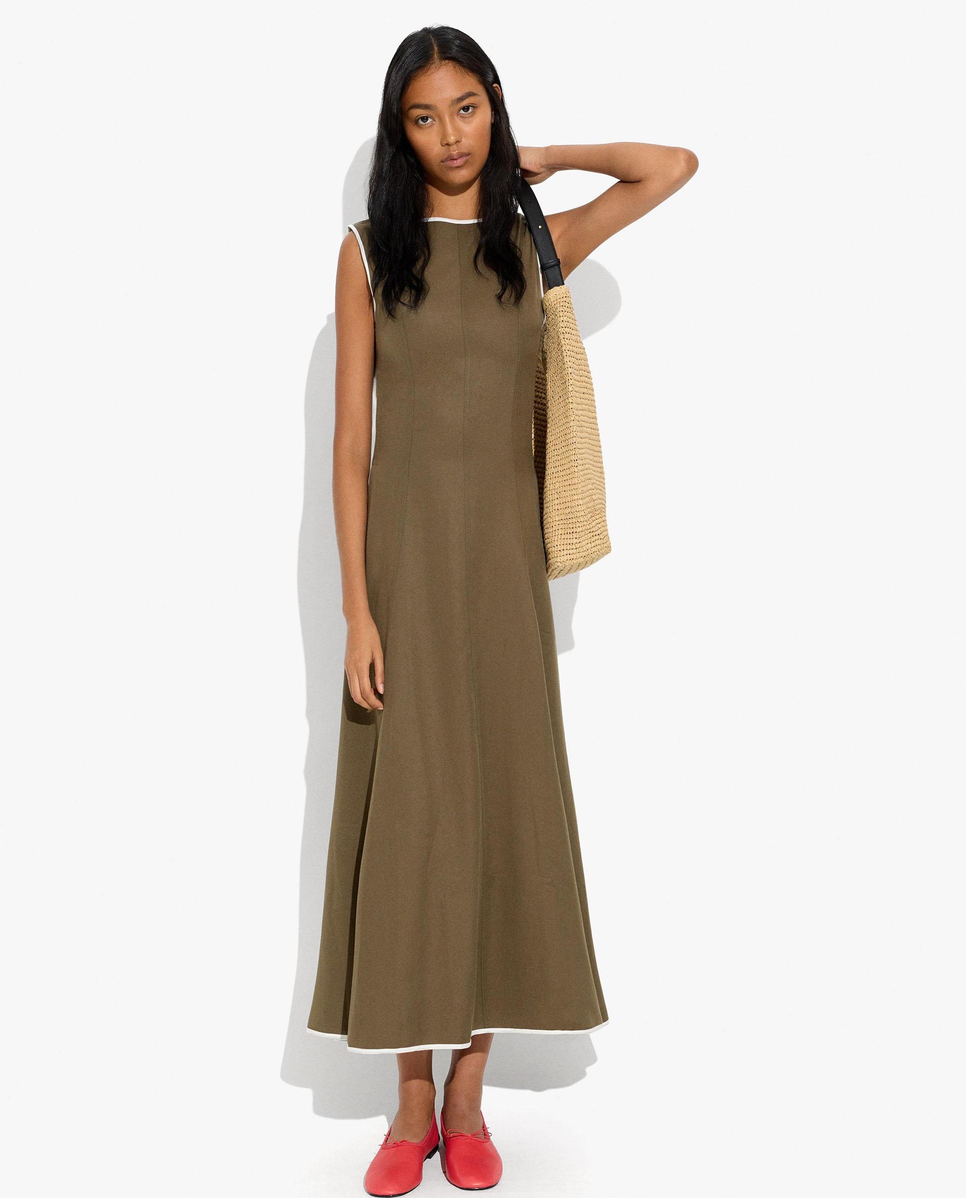 Vestido largo 100% liocel con bordes a contraste - Parfois - Kaki Kaki-1