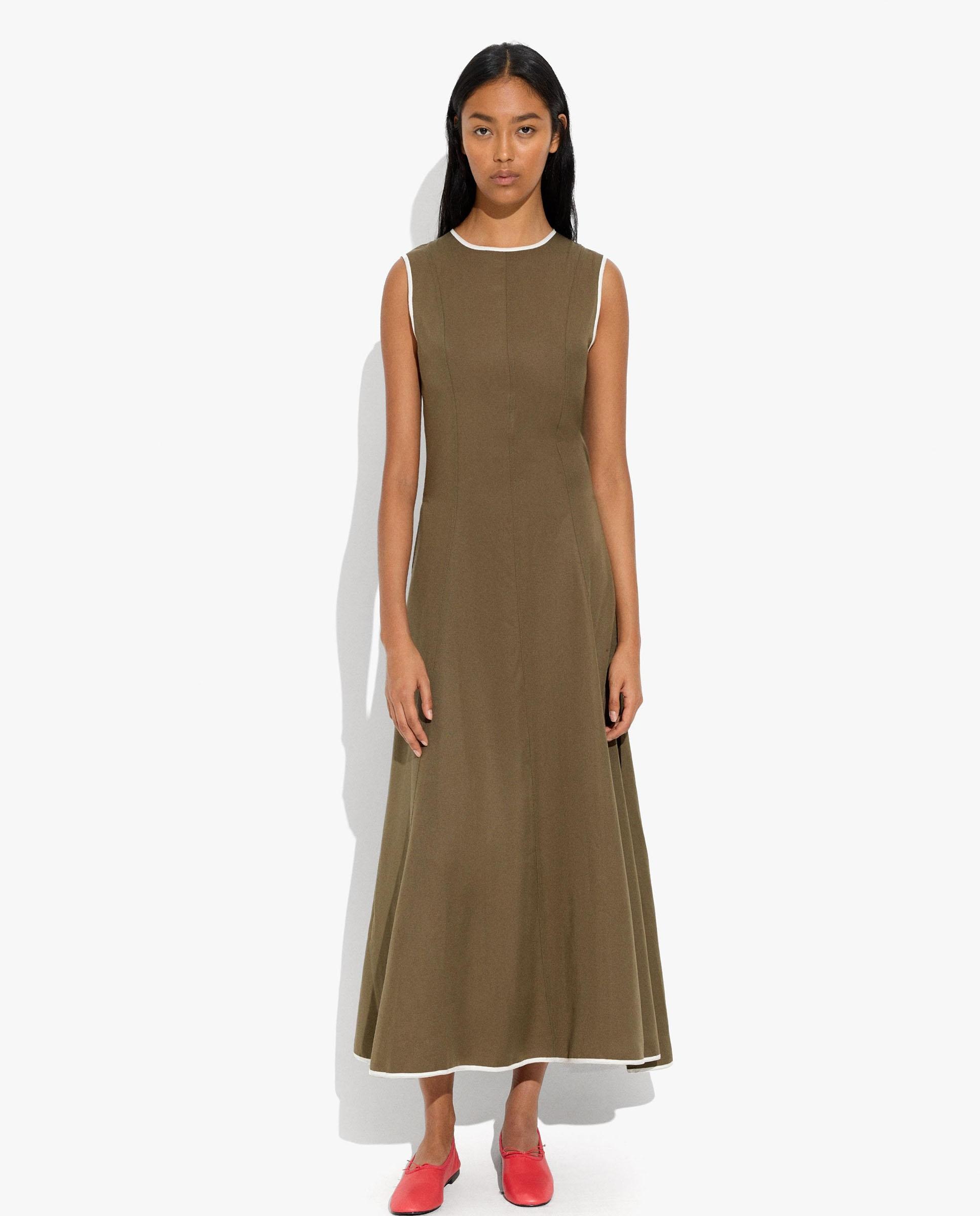Vestido largo 100% liocel con bordes a contraste - Parfois - Kaki Kaki-4