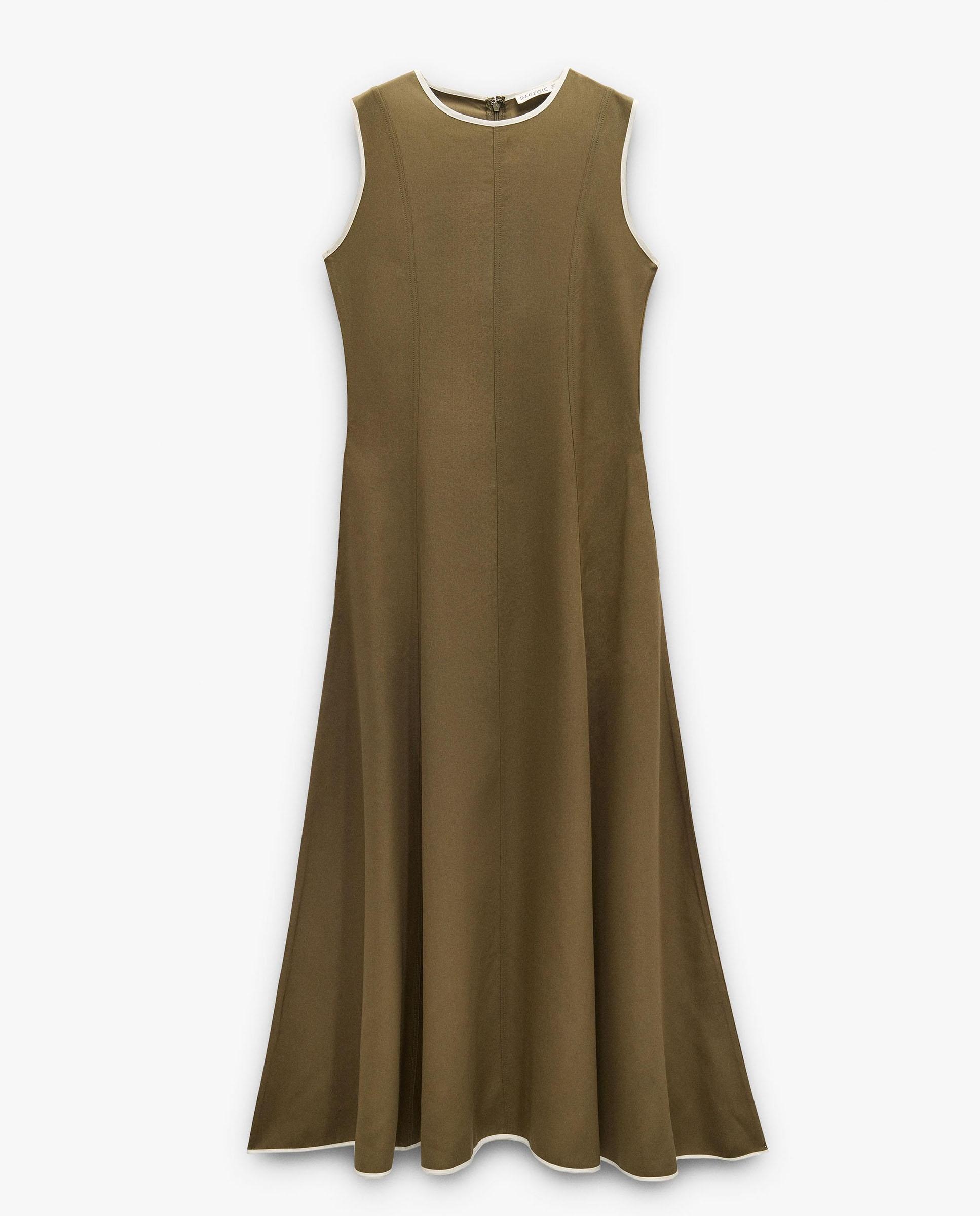 Vestido largo 100% liocel con bordes a contraste - Parfois - Kaki Kaki-6