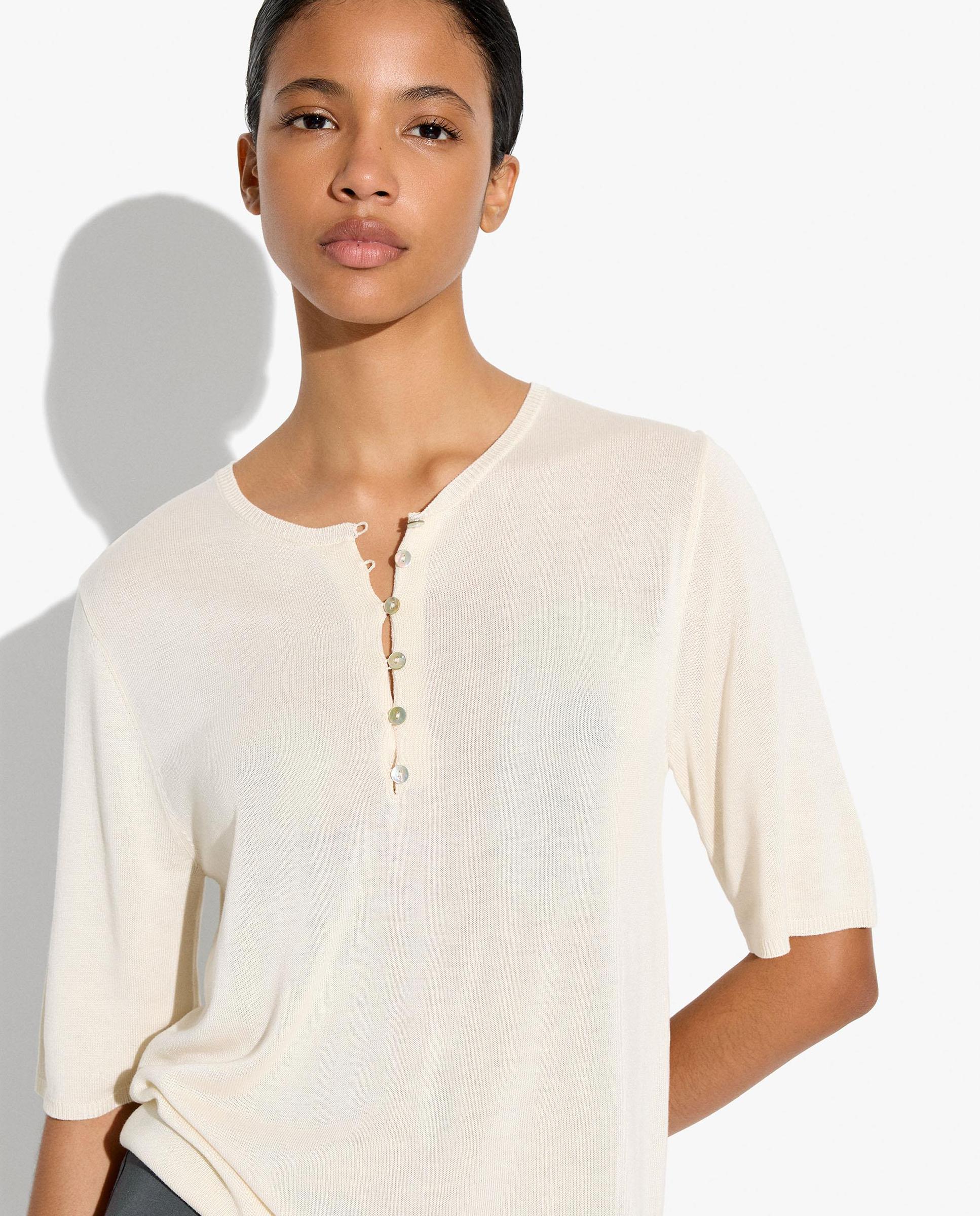 Jersey de mujer 100% viscosa de punto de manga corta con cuello pico - Parfois - Crudo Crudo-4