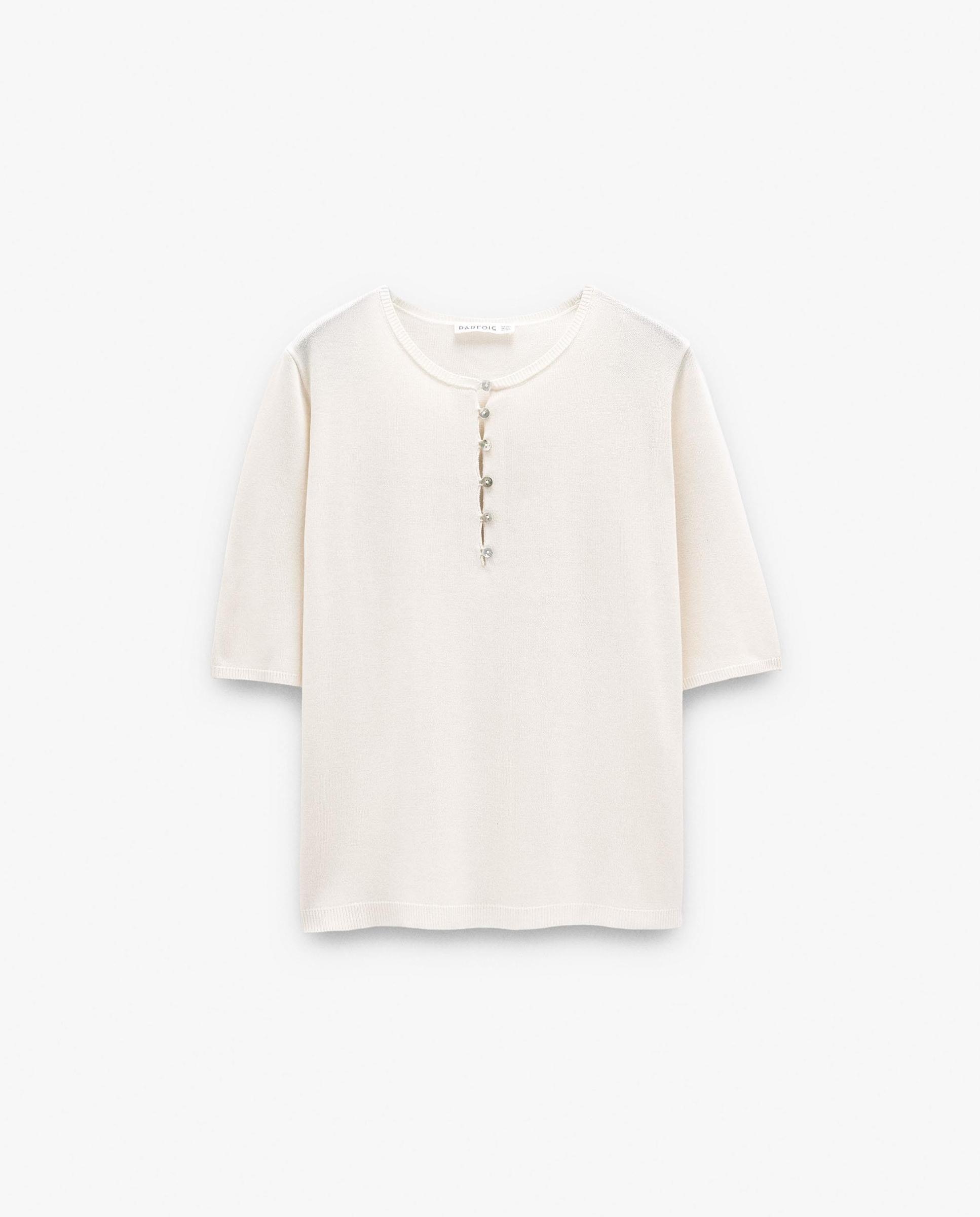Jersey de mujer 100% viscosa de punto de manga corta con cuello pico - Parfois - Crudo Crudo-7