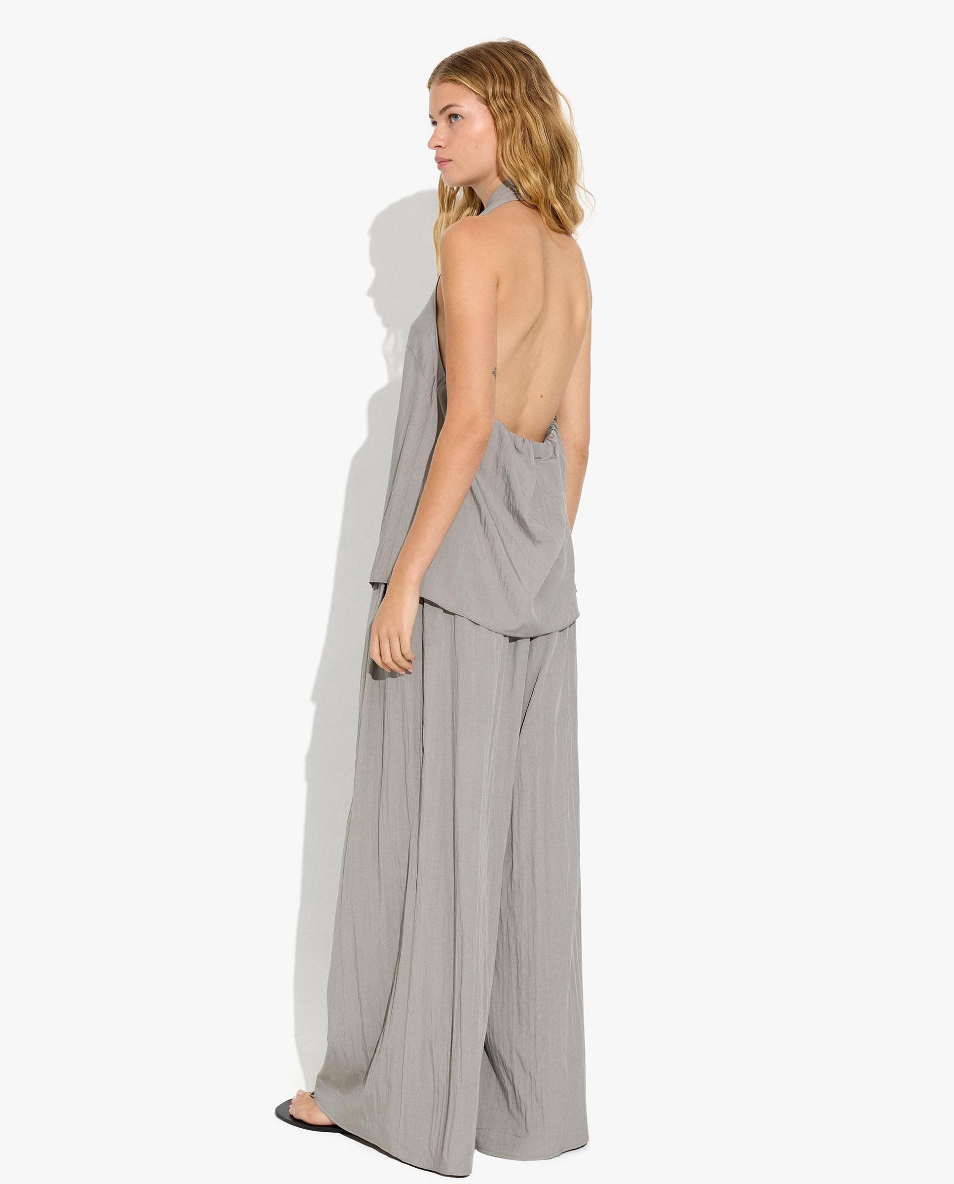 Pantalones anchos de mujer con cintura elástica en liso - Parfois - Gris claro Gris claro-4