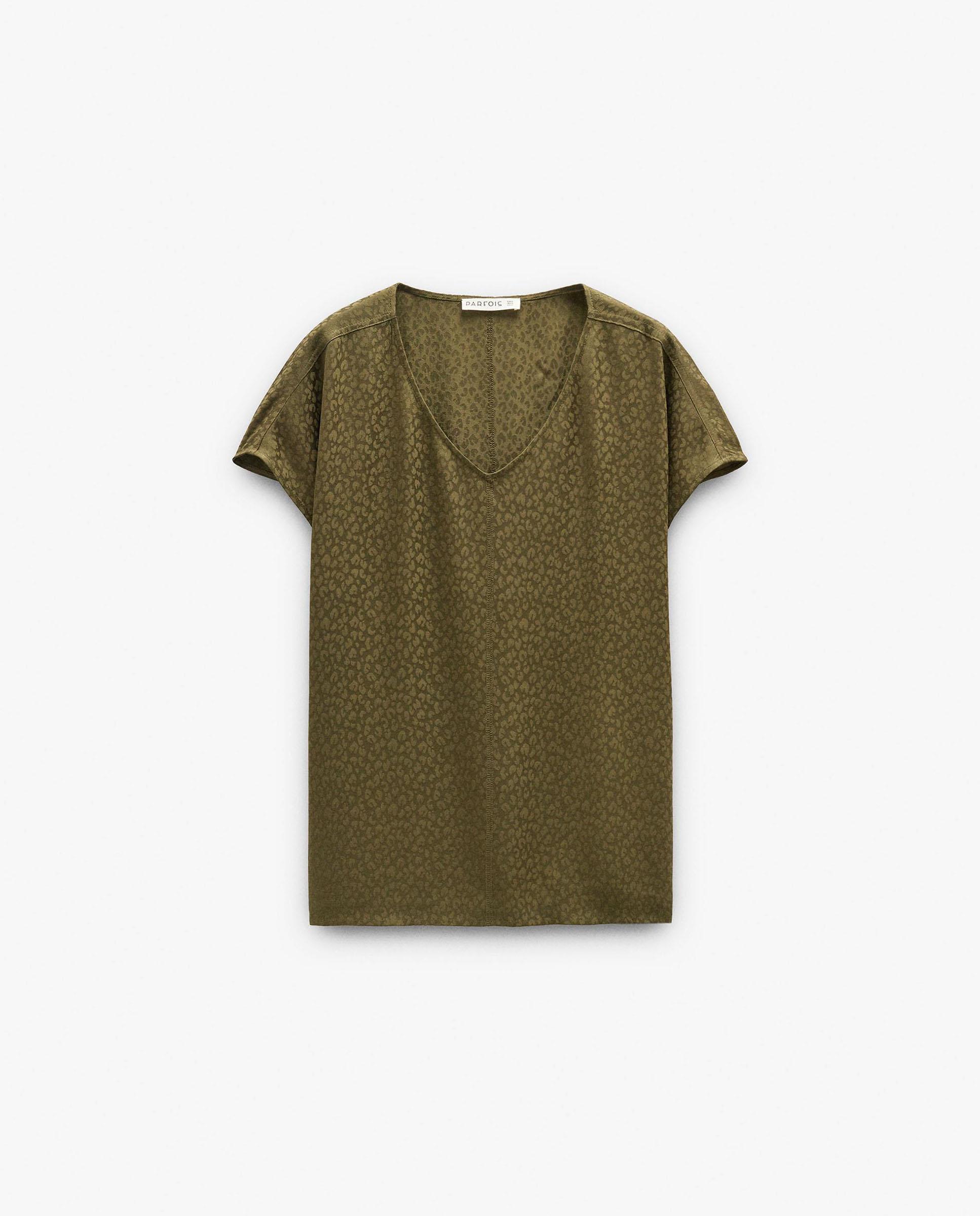 Blusa de mujer 100% viscosa de manga corta con cuello pico - Parfois - Kaki Kaki-6