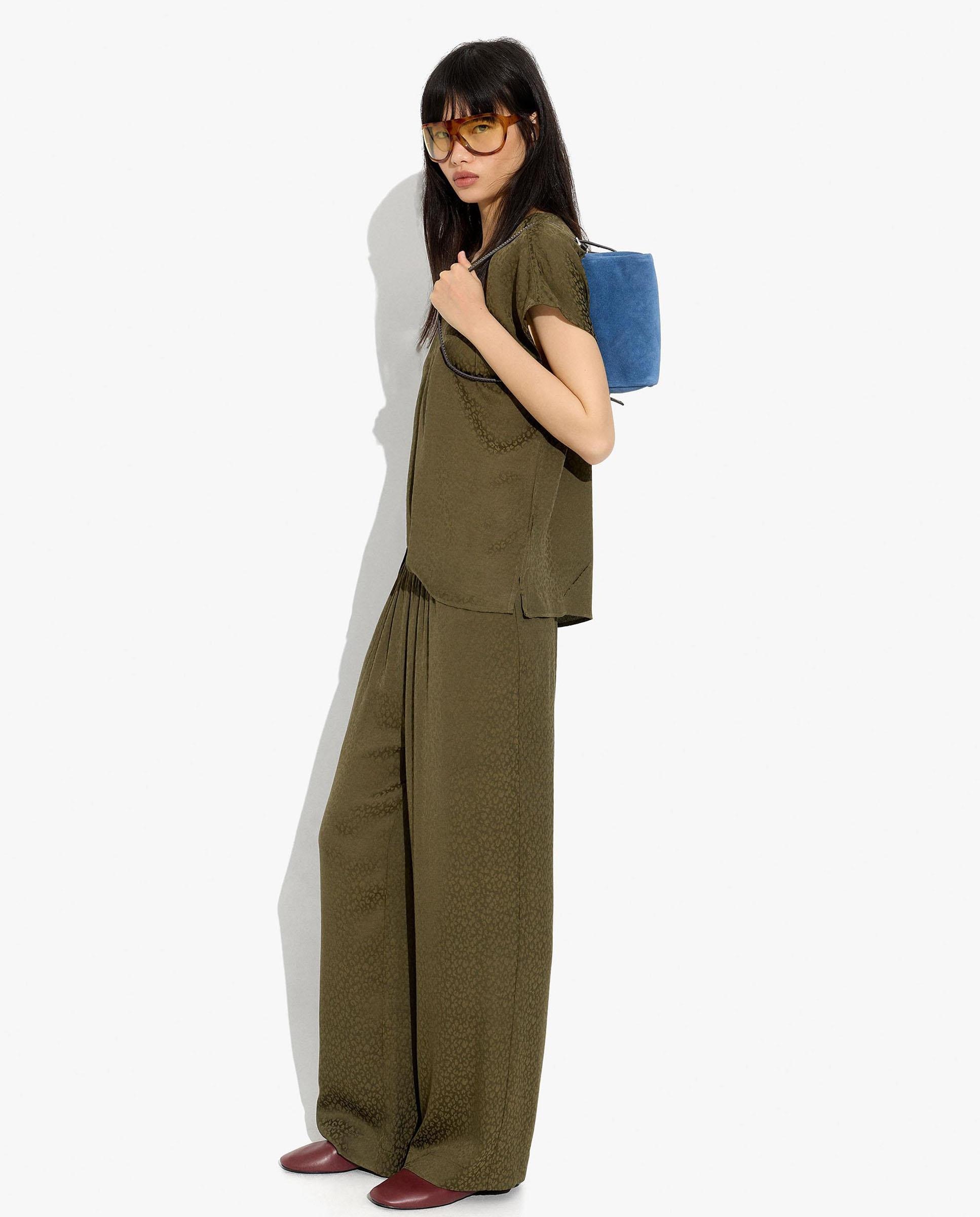 Pantalones rectos de mujer 100% viscosa con cintura elástica en liso - Parfois - Kaki Kaki-5