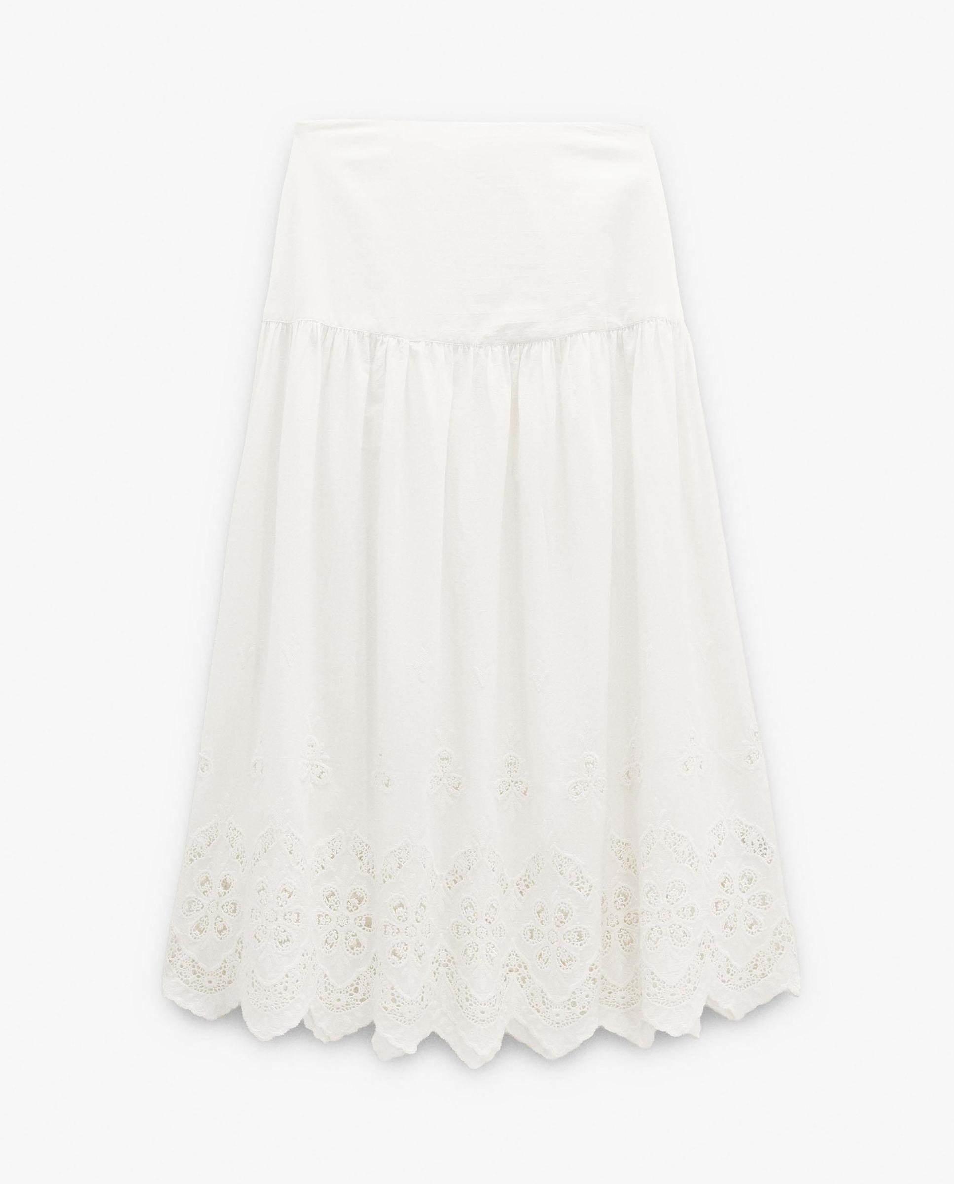 Falda larga 100% algodón con volante y bordados - Parfois - Crudo Crudo-6